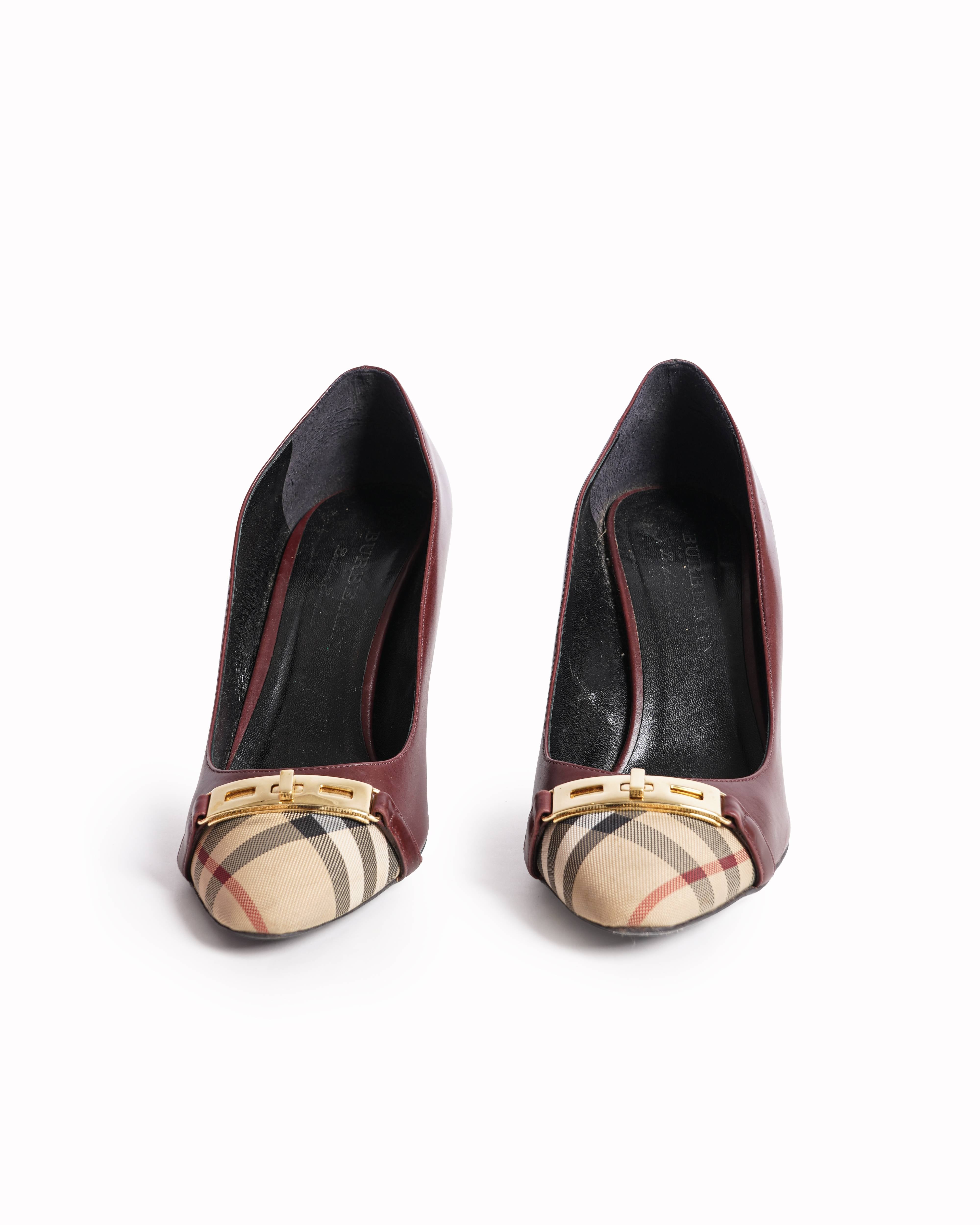 Burberry 
Maroon/Beige Canvas and Leather Cap Top Pumps