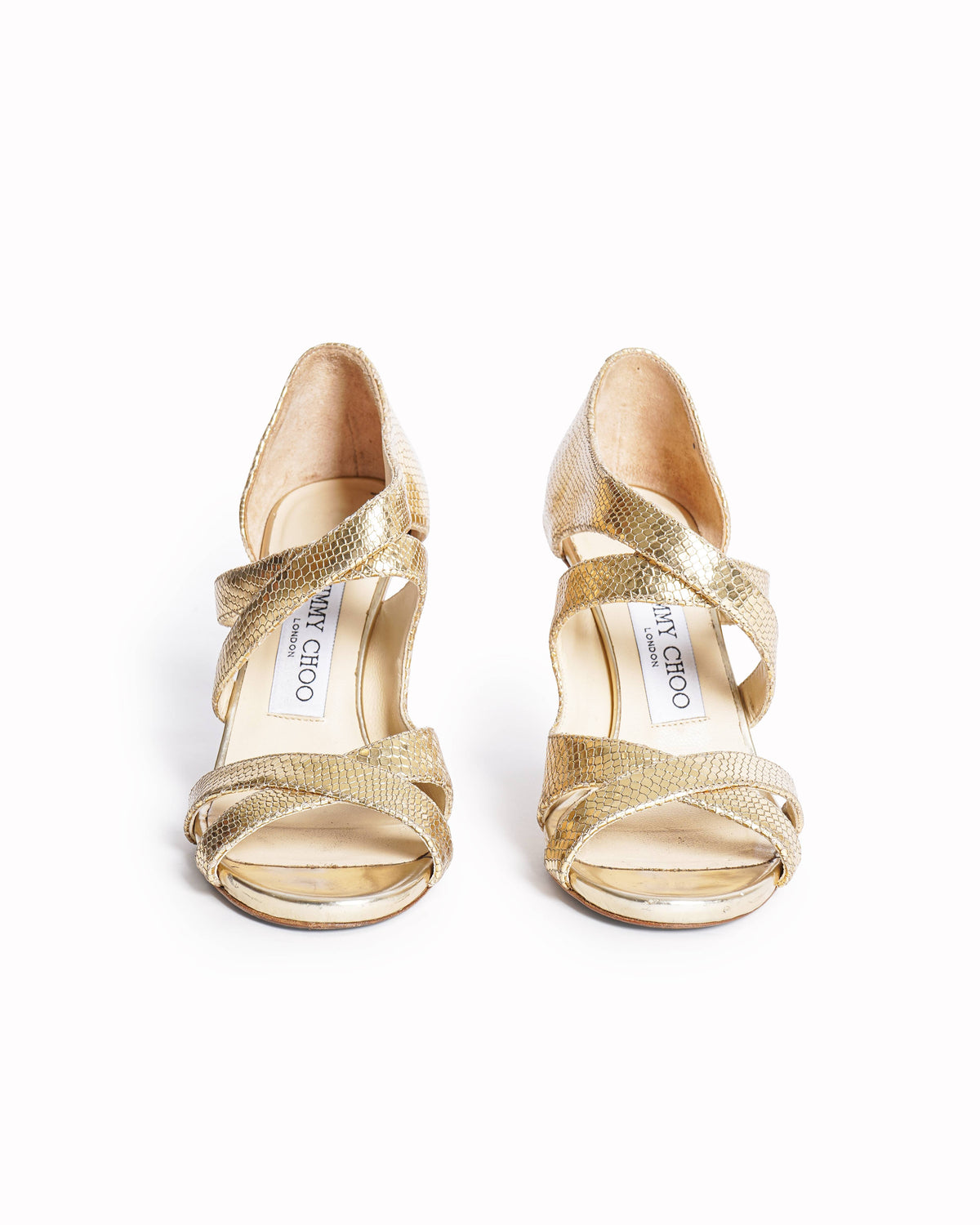 Jimmy Choo Louise Gold Tone Lizard Embossed Ankle Strap Sandals