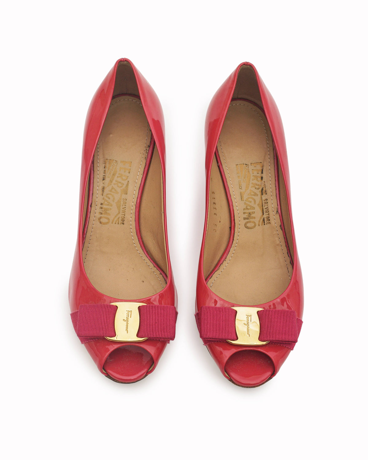 Salvatore Ferragamo Pink Patent Leather Sissi Peep Toe Wedges