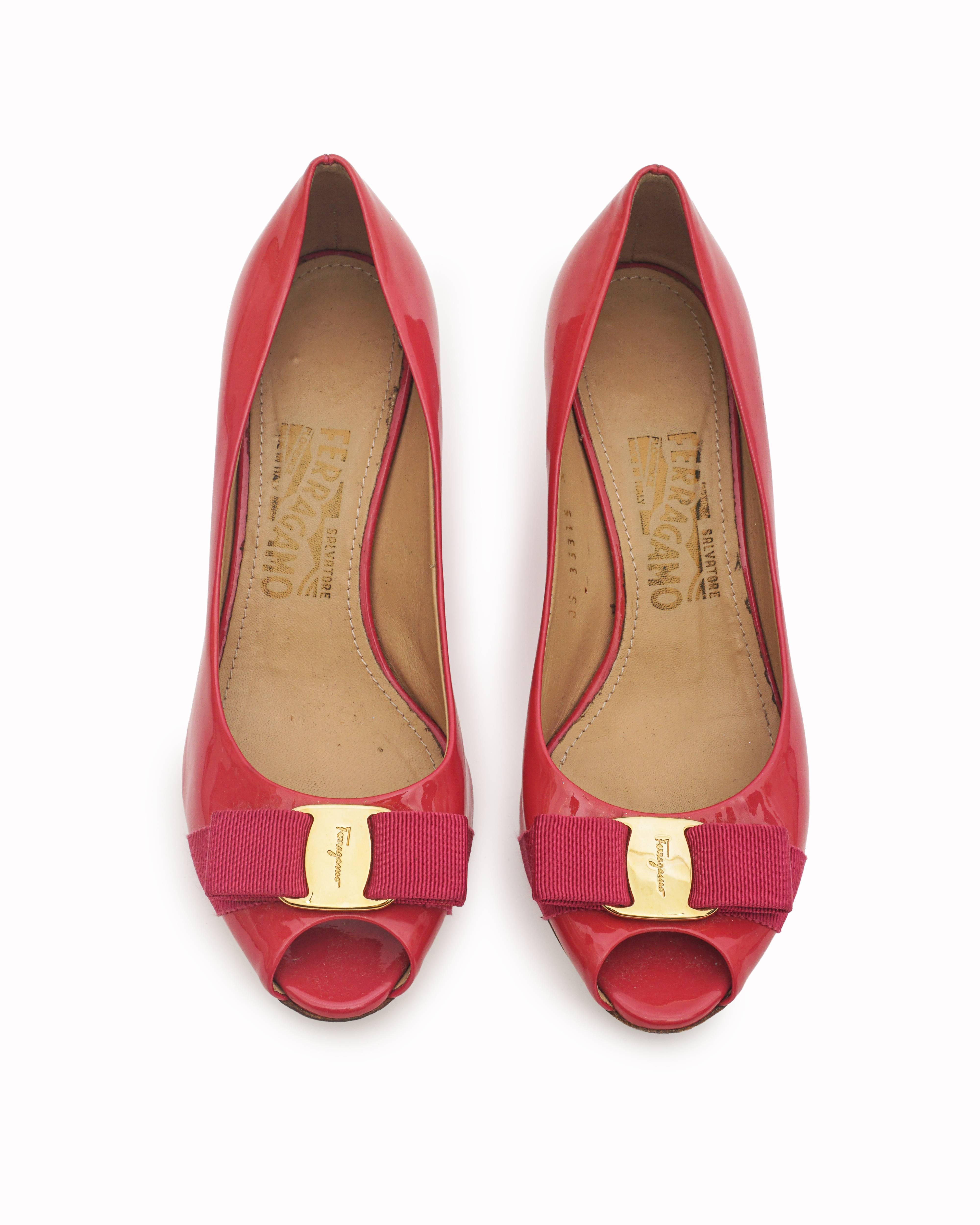 Salvatore Ferragamo Pink Patent Leather Sissi Peep Toe Wedges