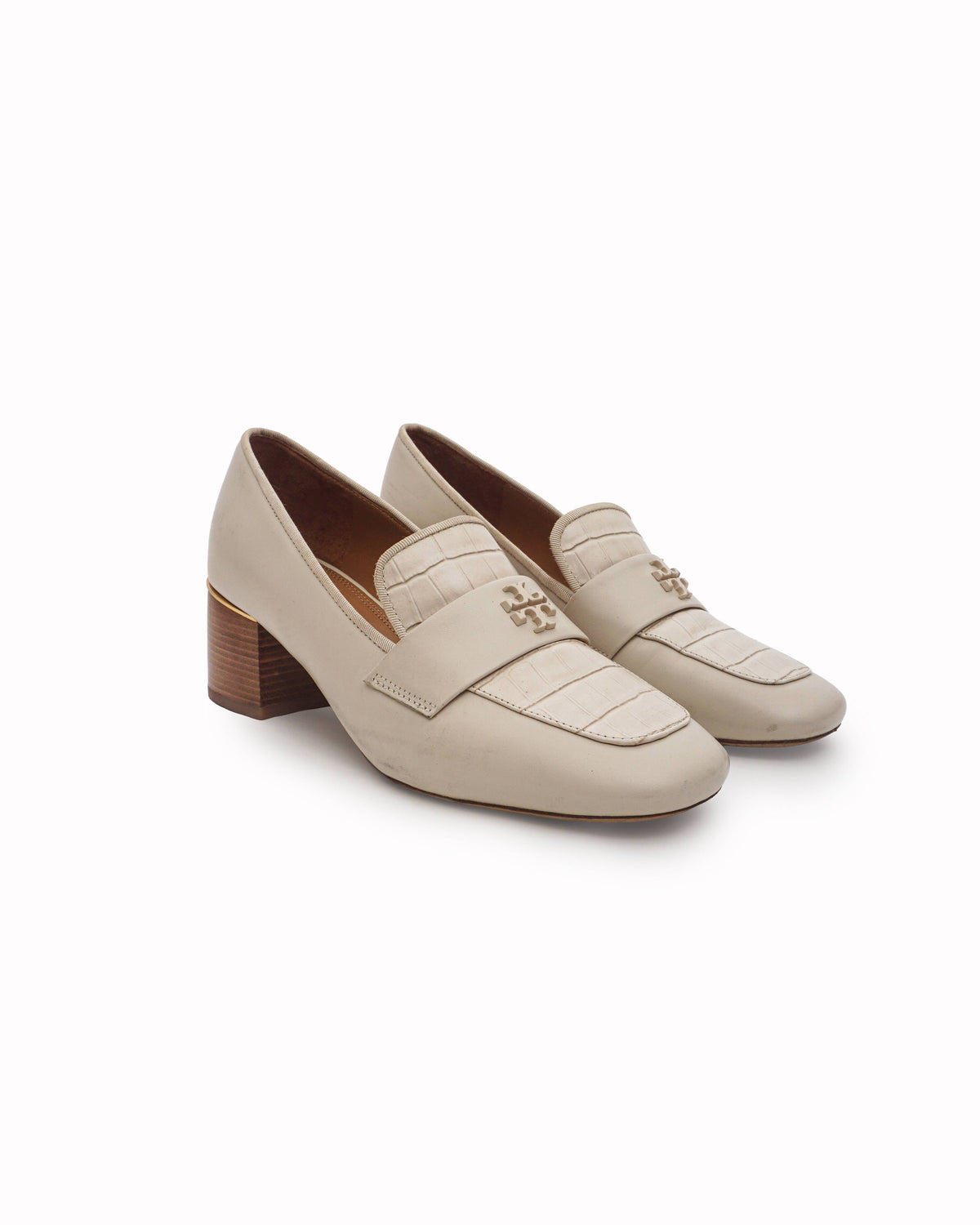 Tory Burch Cream Leather Croc-Embossed Block Heel Loafers