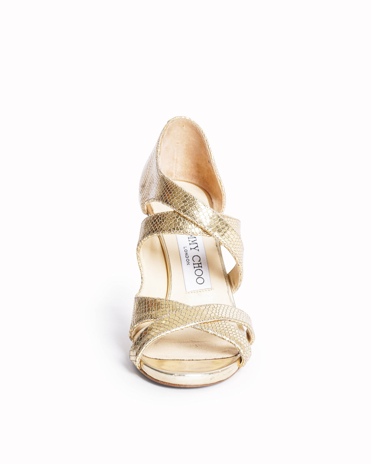 Jimmy Choo Louise Gold Tone Lizard Embossed Ankle Strap Sandals