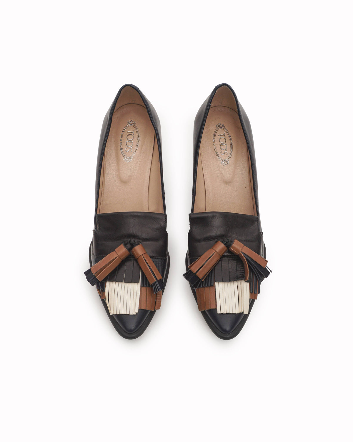 Tod's Navy Leather Multi-Color Fringe Tassel Loafer Pumps