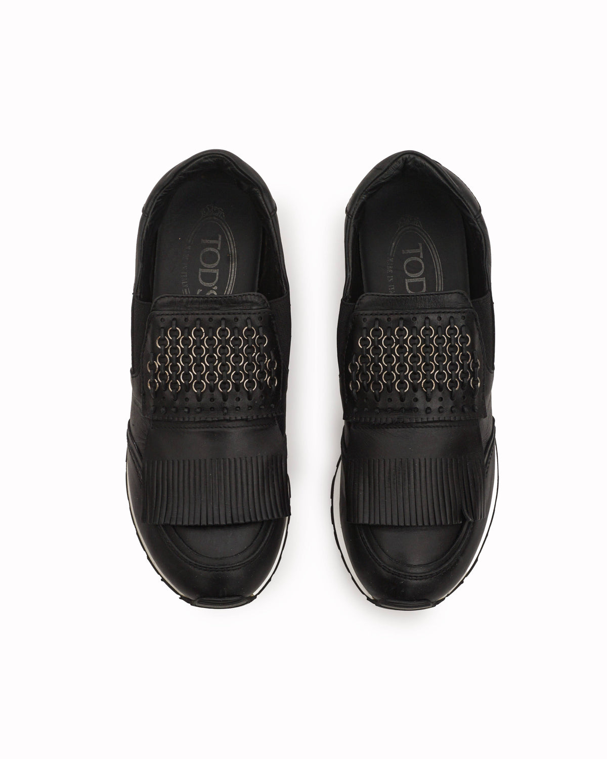 Tod's Black Leather Fringed Ring Slip-On Sneakers