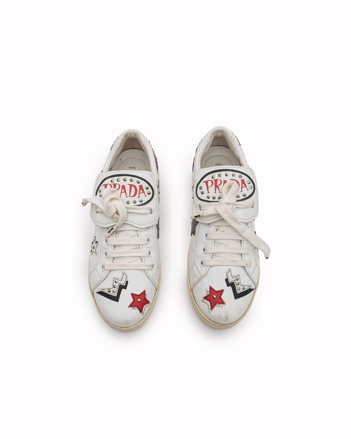 Prada White Leather Studded Star & Lightning Bolt Low-Top Sneakers