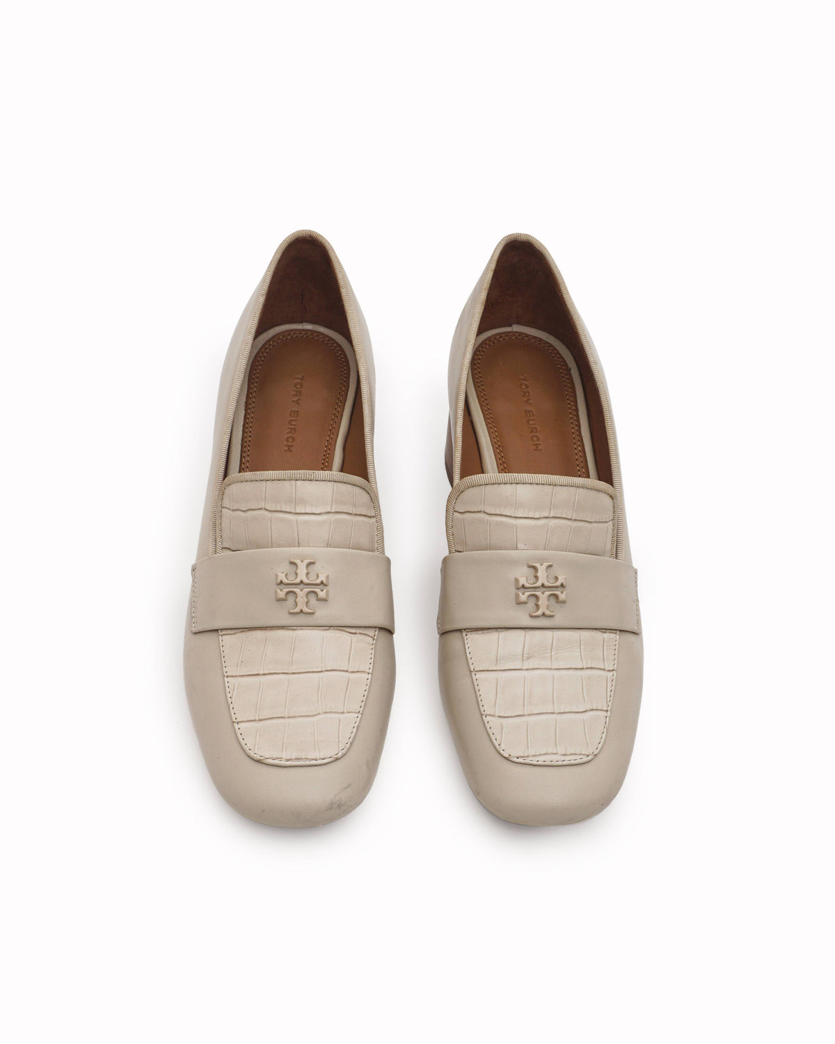 Tory Burch Cream Leather Croc-Embossed Block Heel Loafers