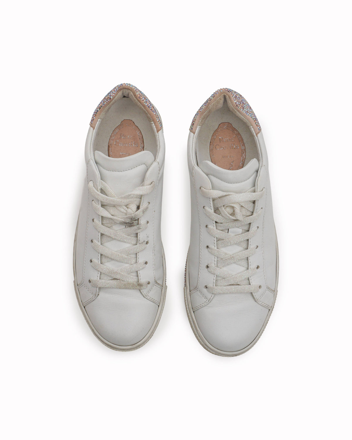 René Caovilla White Leather Crystal Low Top Sneakers