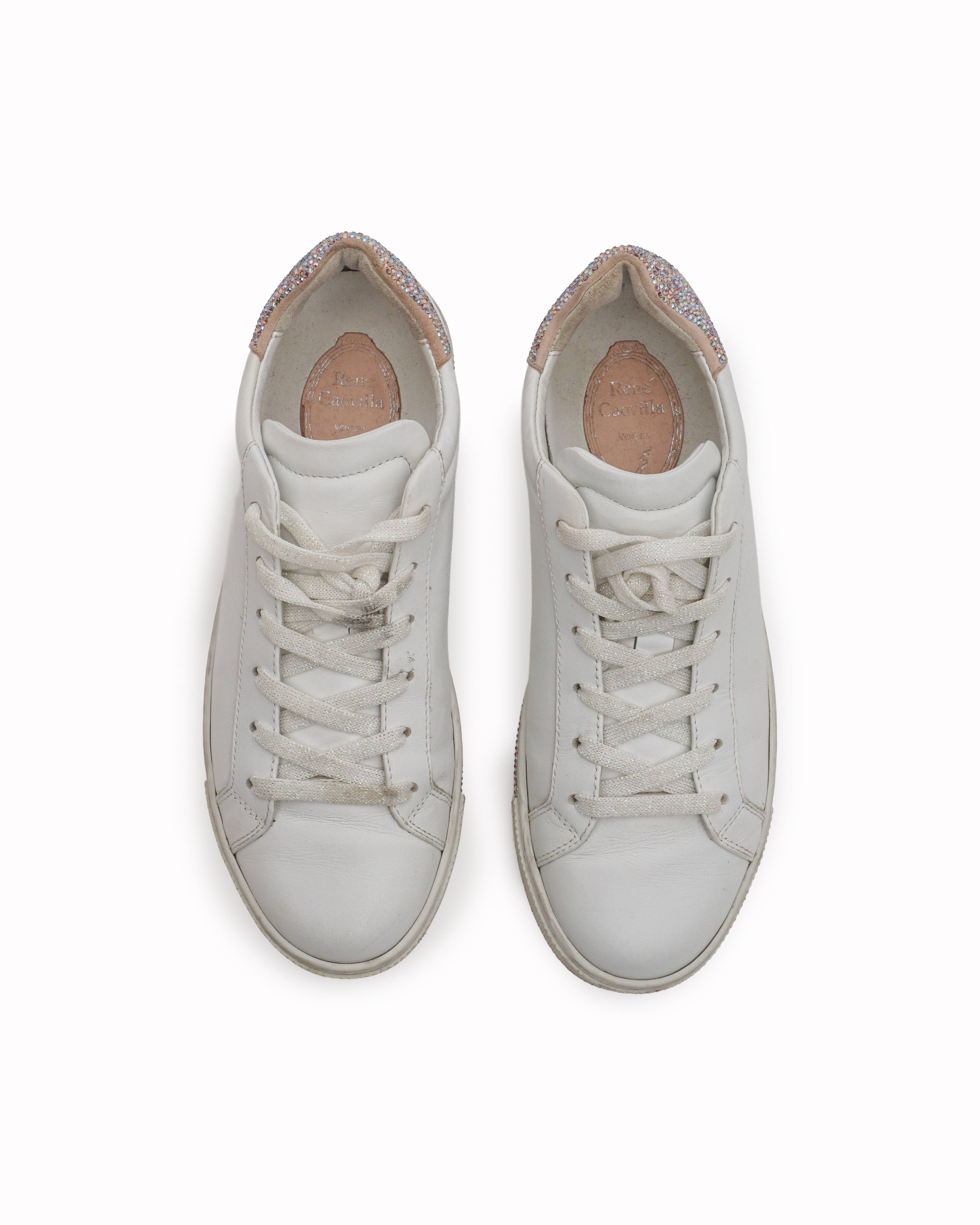 René Caovilla White Leather Crystal Low Top Sneakers