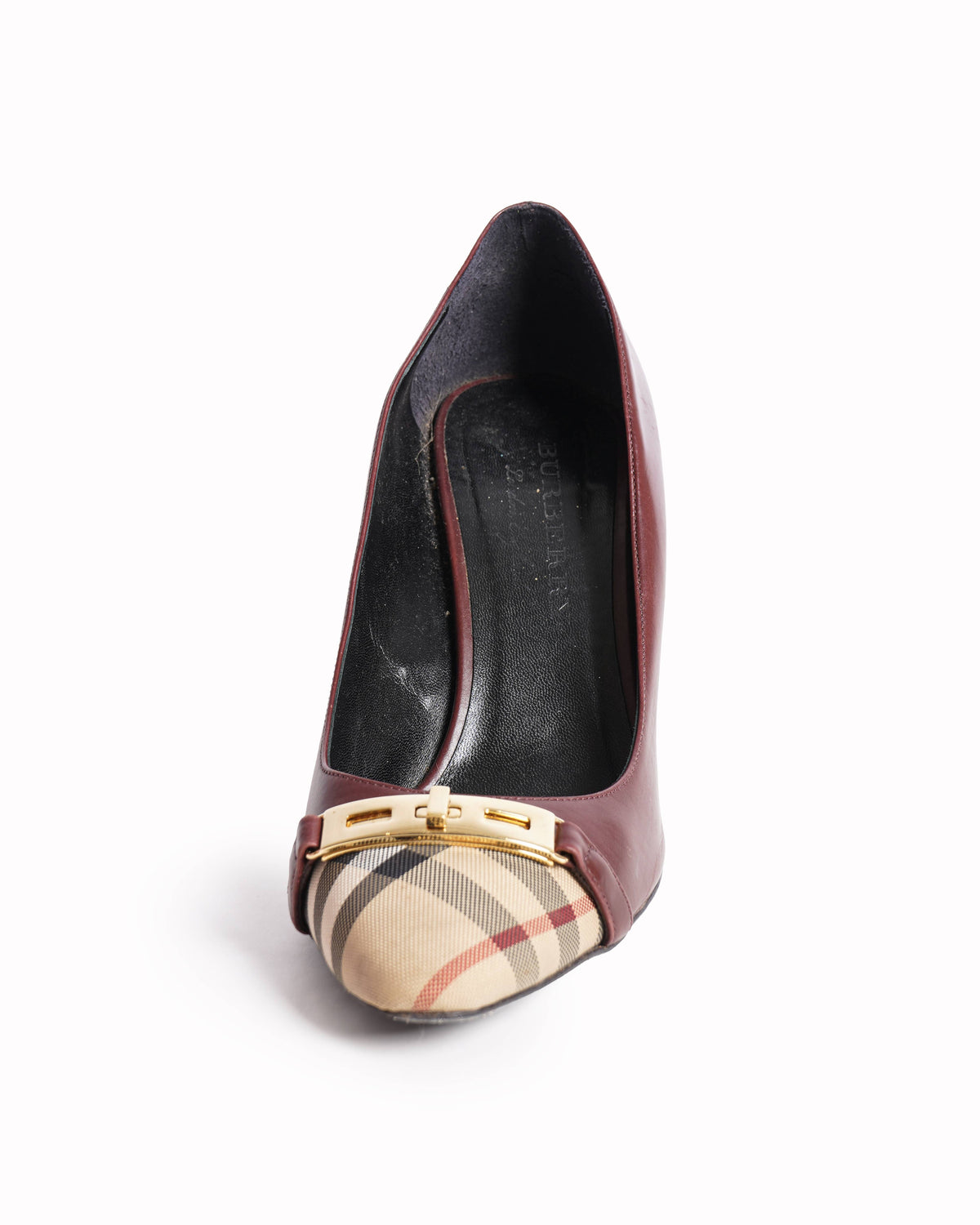 Burberry 
Maroon/Beige Canvas and Leather Cap Top Pumps