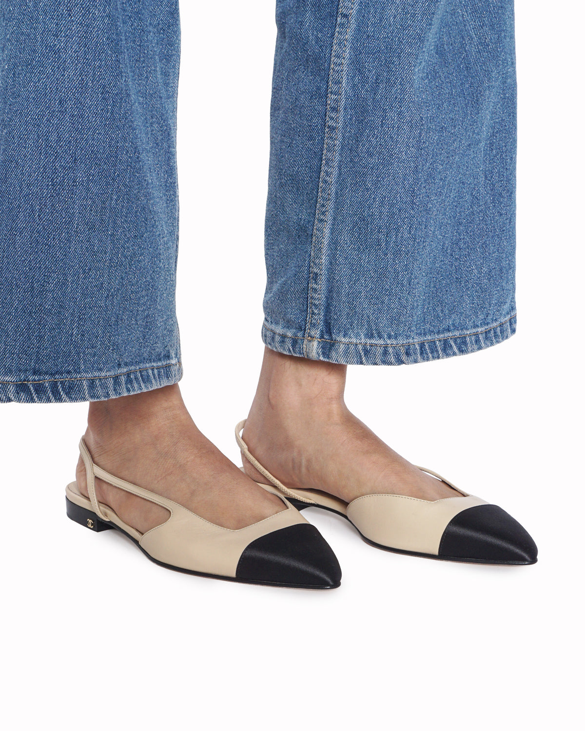 Chanel Beige & Black Goatskin Slingback Ballet Flats