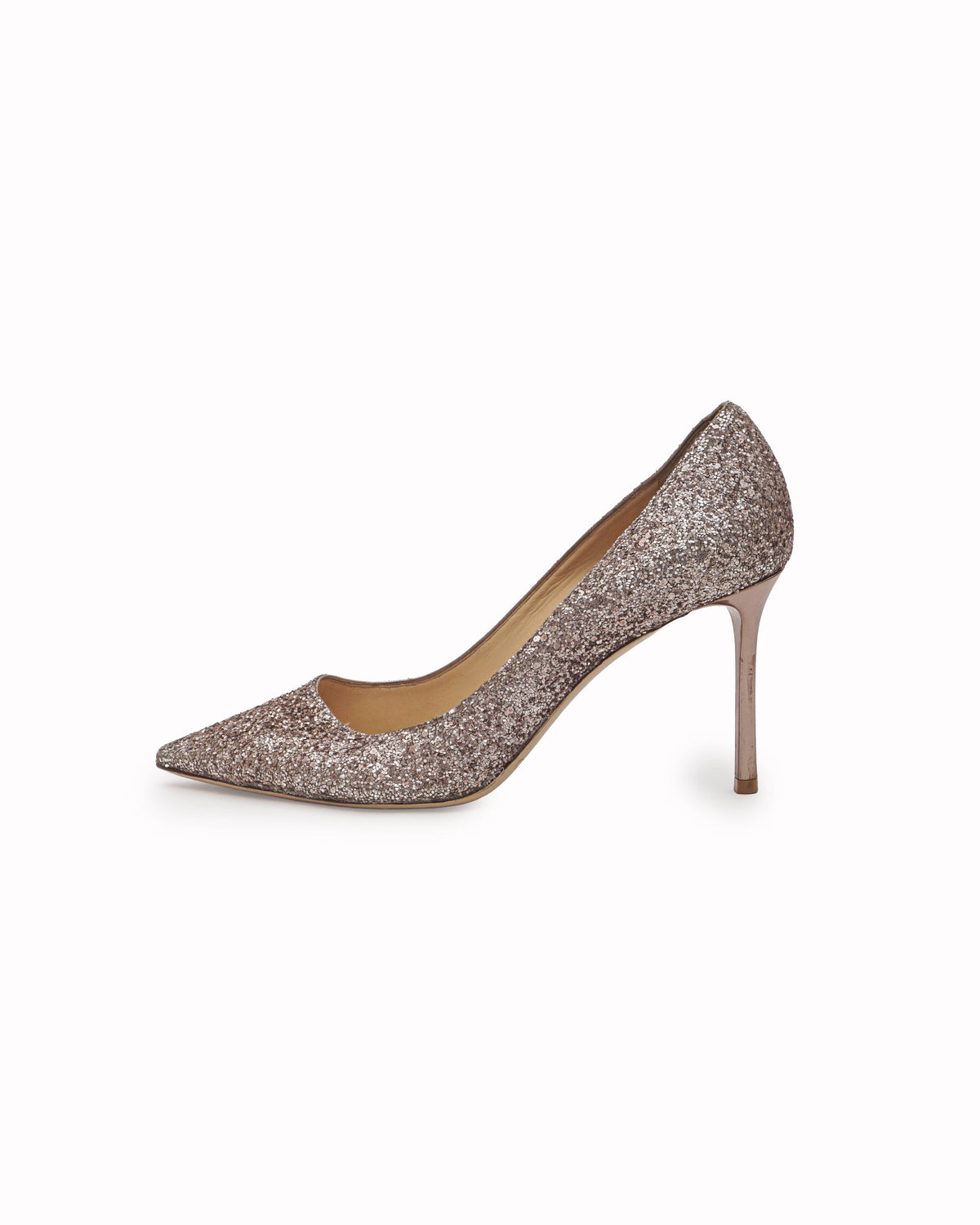 Jimmy Choo Rose Gold Coarse Glitter Romy Pointed Toe Pumps