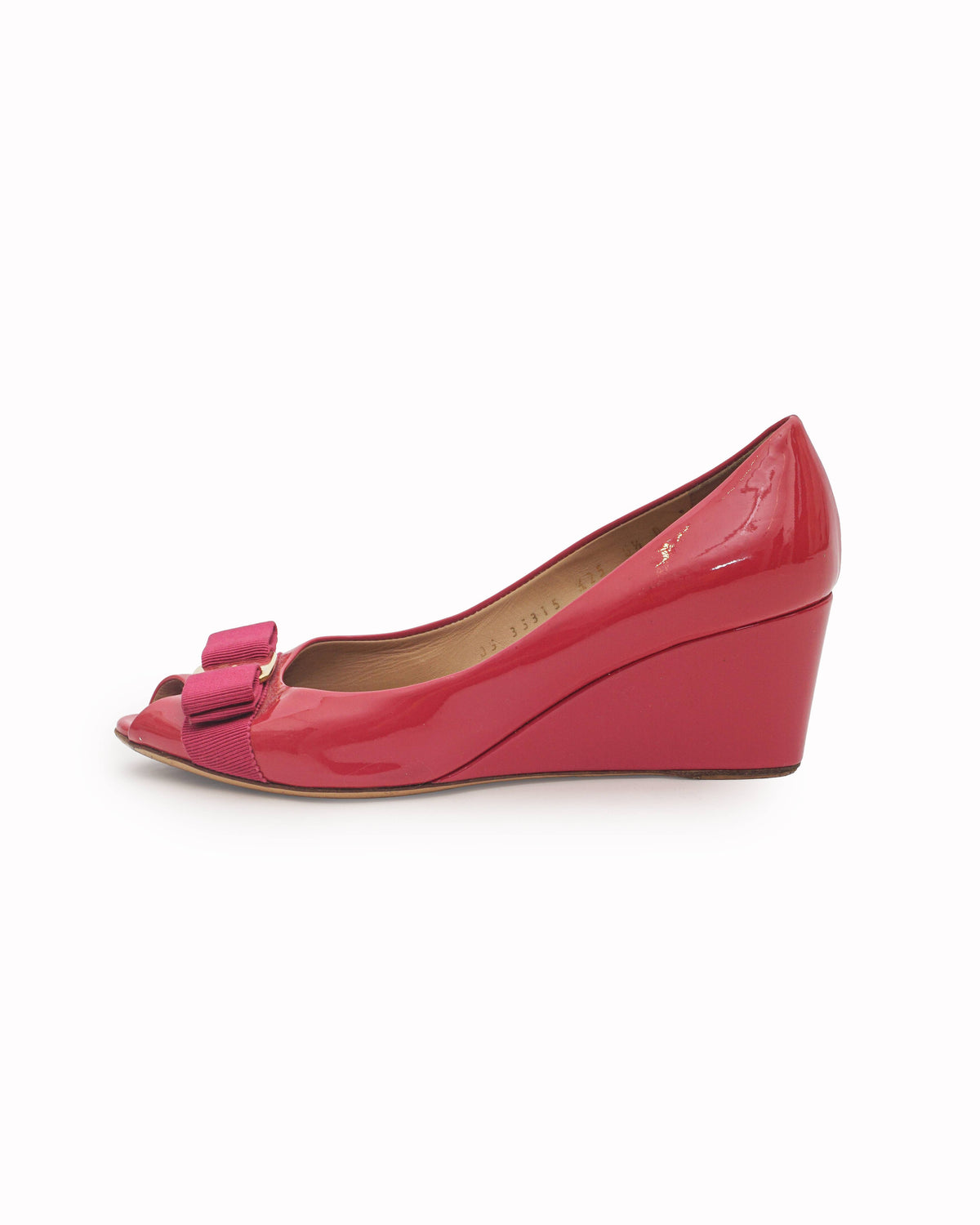 Salvatore Ferragamo Pink Patent Leather Sissi Peep Toe Wedges