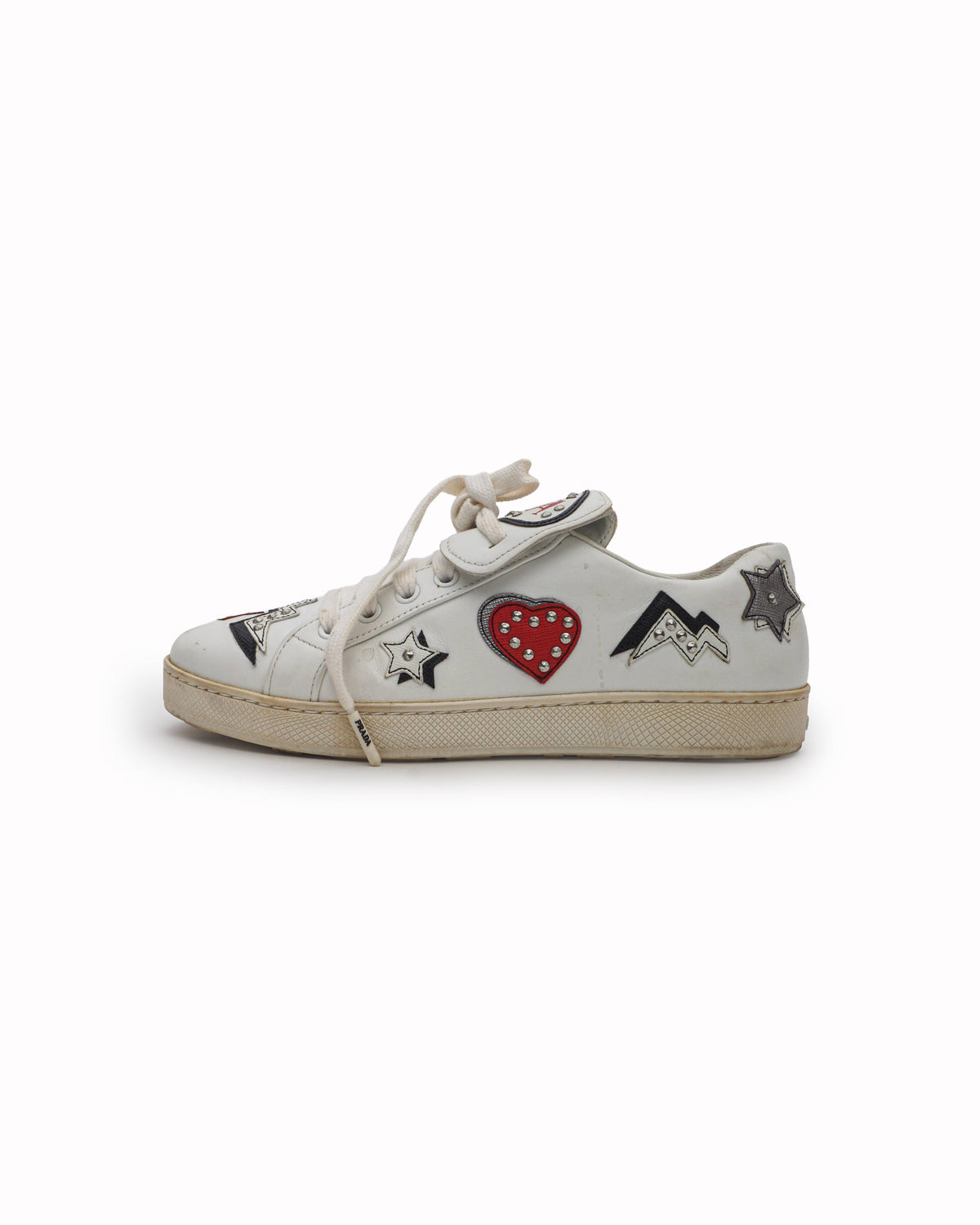 Prada White Leather Studded Star & Lightning Bolt Low-Top Sneakers