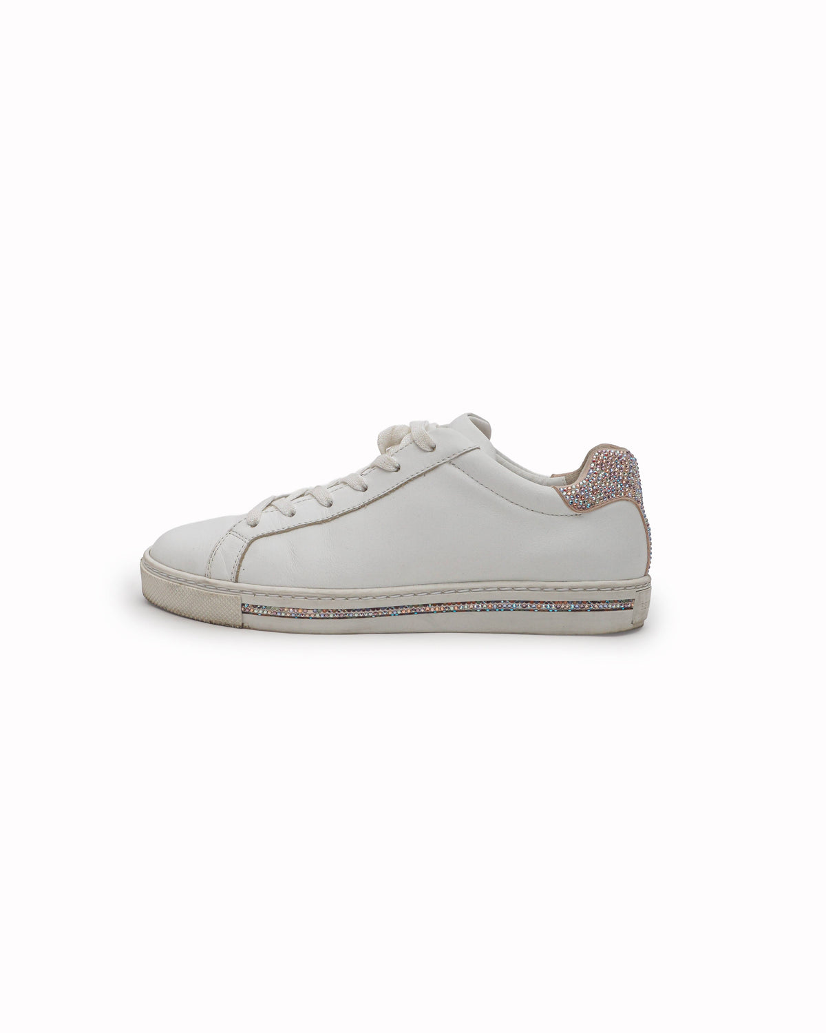 René Caovilla White Leather Crystal Low Top Sneakers