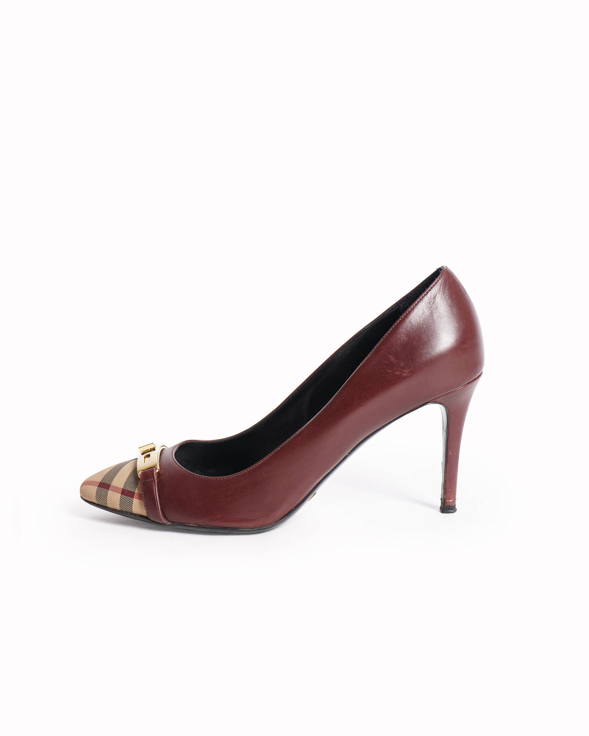 Burberry 
Maroon/Beige Canvas and Leather Cap Top Pumps
