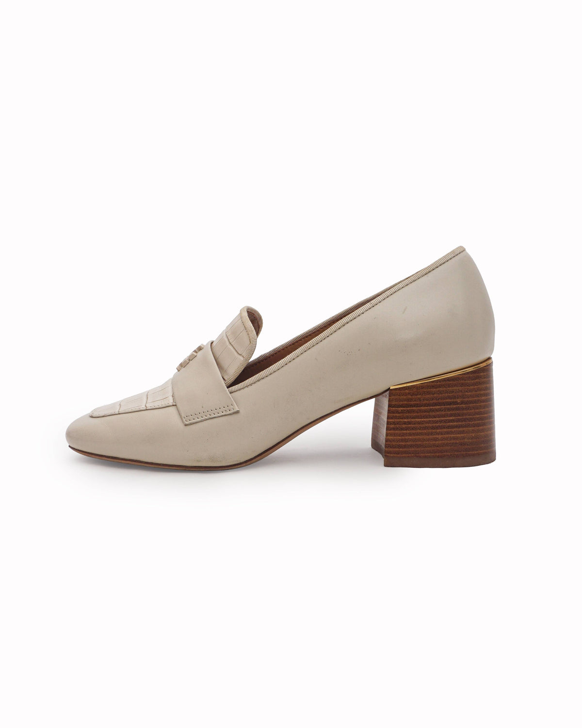 Tory Burch Cream Leather Croc-Embossed Block Heel Loafers