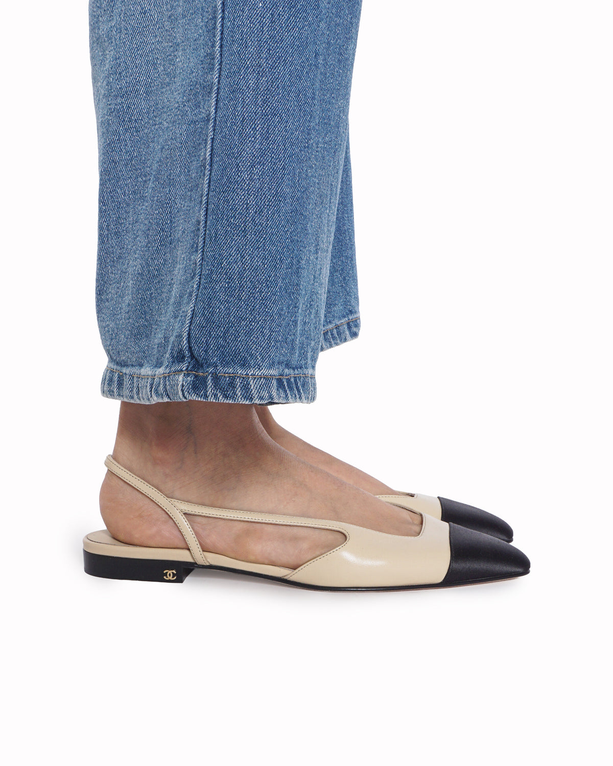 Chanel Beige & Black Goatskin Slingback Ballet Flats
