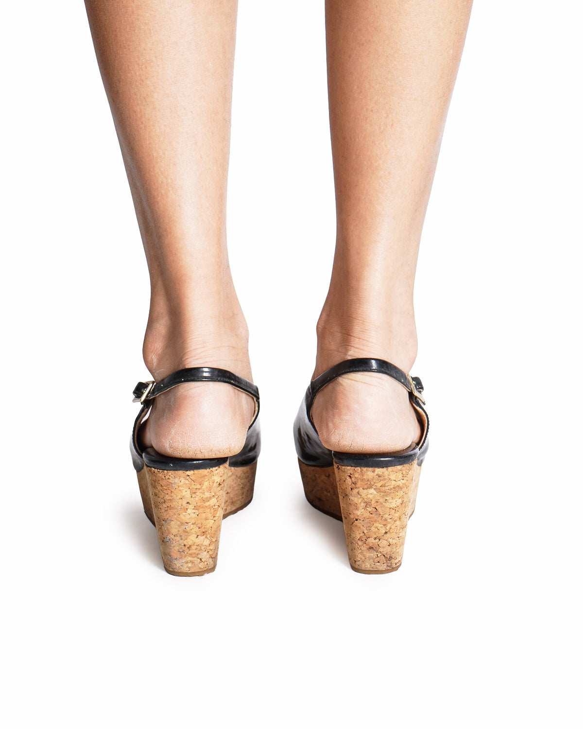 Jimmy Choo Black Patent Leather Cork Platform Wedge Slingbacks