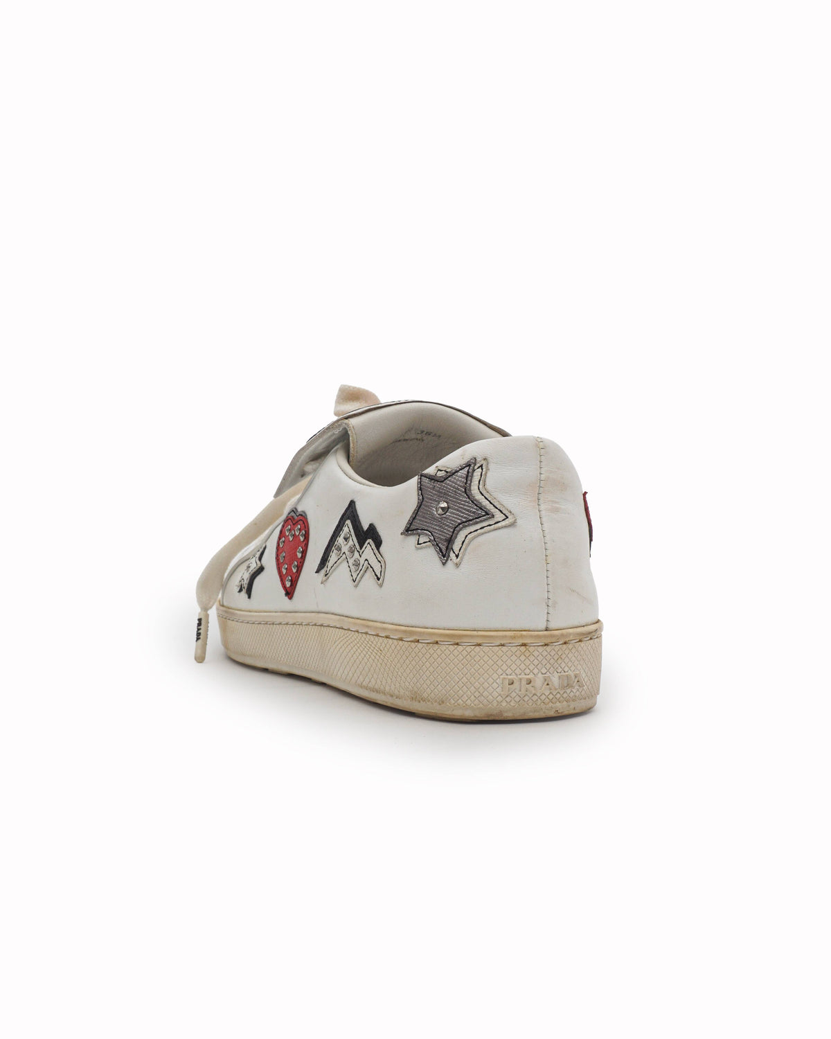 Prada White Leather Studded Star & Lightning Bolt Low-Top Sneakers
