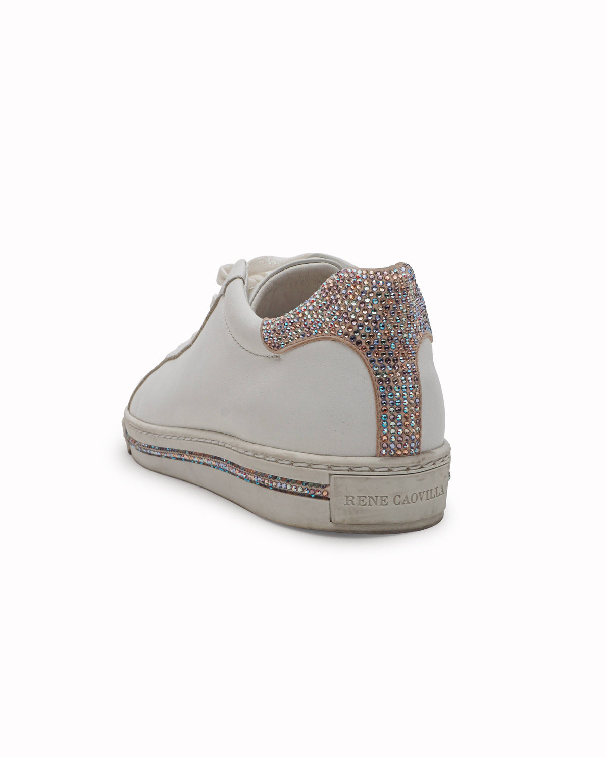 René Caovilla White Leather Crystal Low Top Sneakers