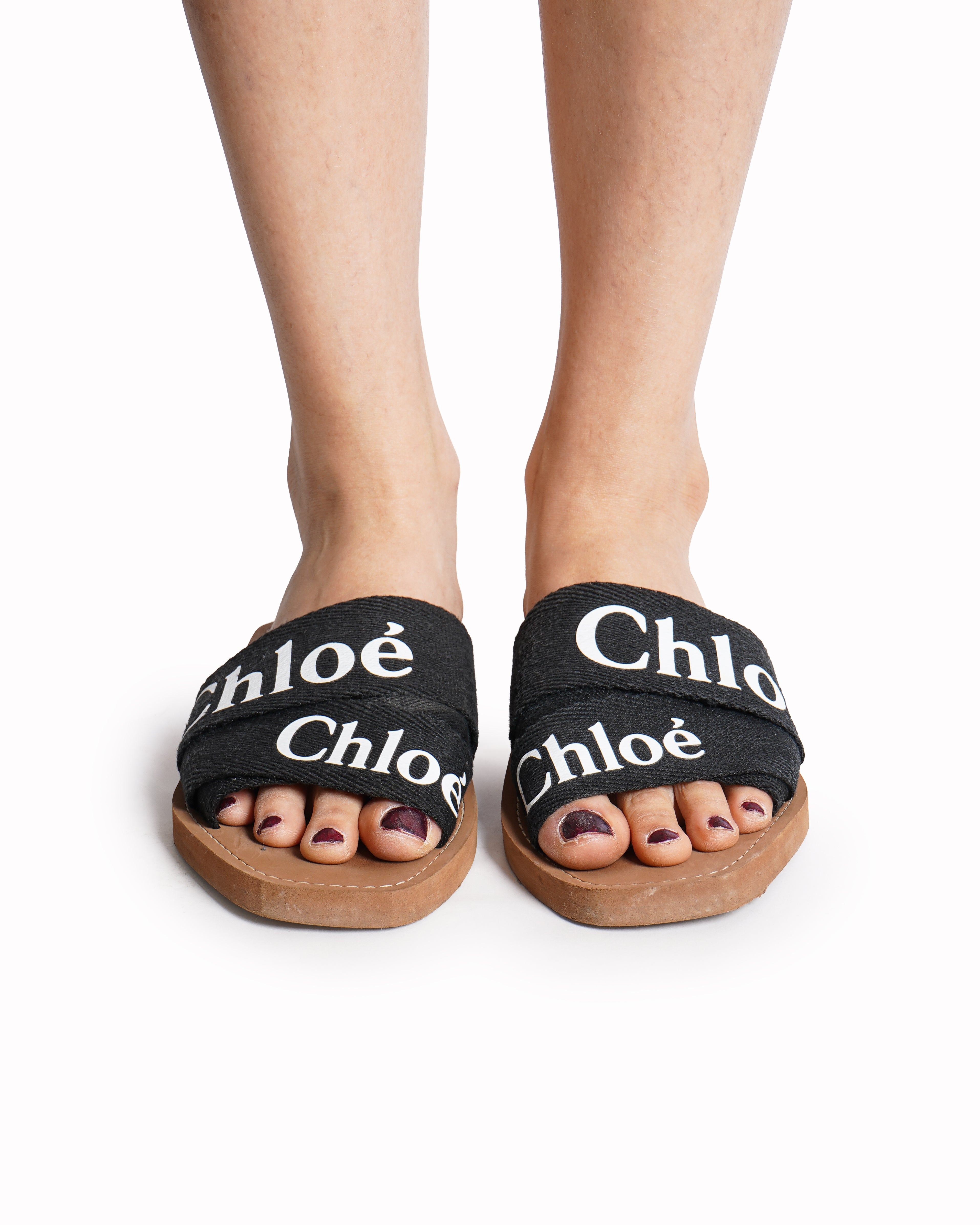 Chloé Black Canvas Woody Flat Open Toe Sandals