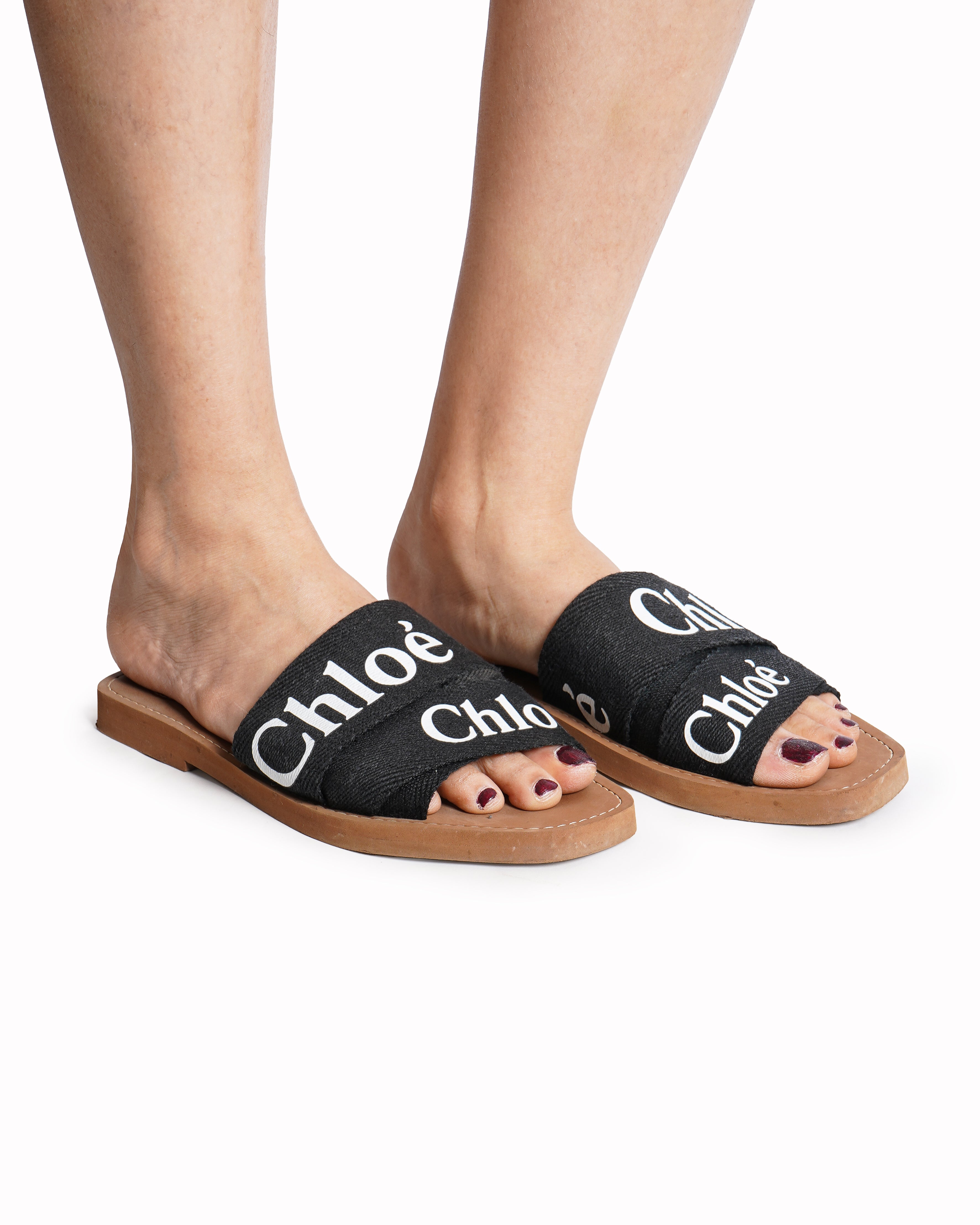Chloé Black Canvas Woody Flat Open Toe Sandals