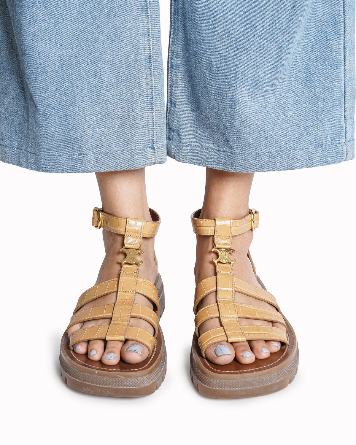 Celine Tan Croc-Embossed Triomphe Gladiator Sandals