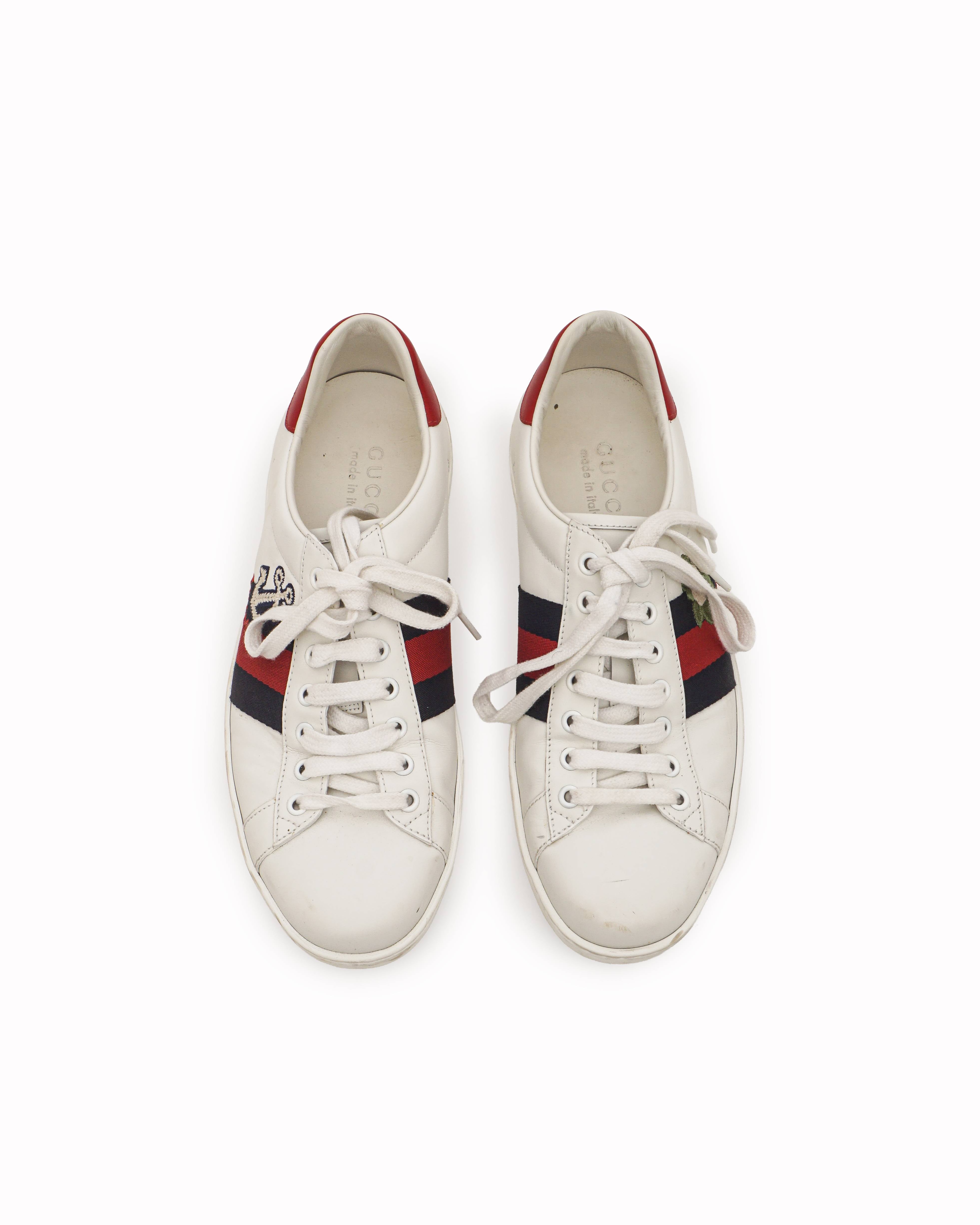 Gucci White Leather Ace Anchor Embroidered Low-Top Sneakers