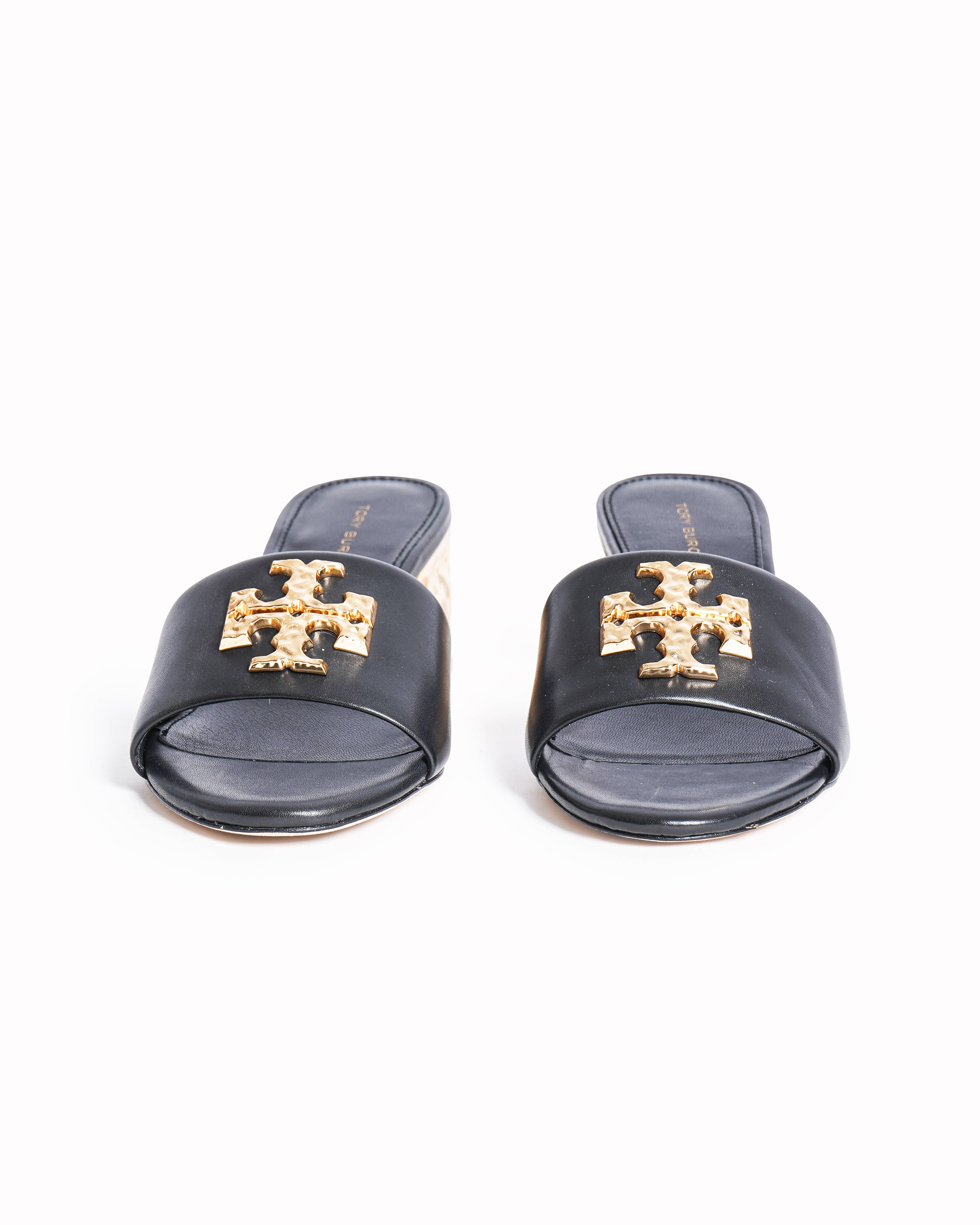 Tory Burch Everly Block Heels In Black With Gold Tone Accent