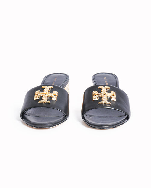 Tory Burch Everly Block Heels In Black With Gold Tone Accent