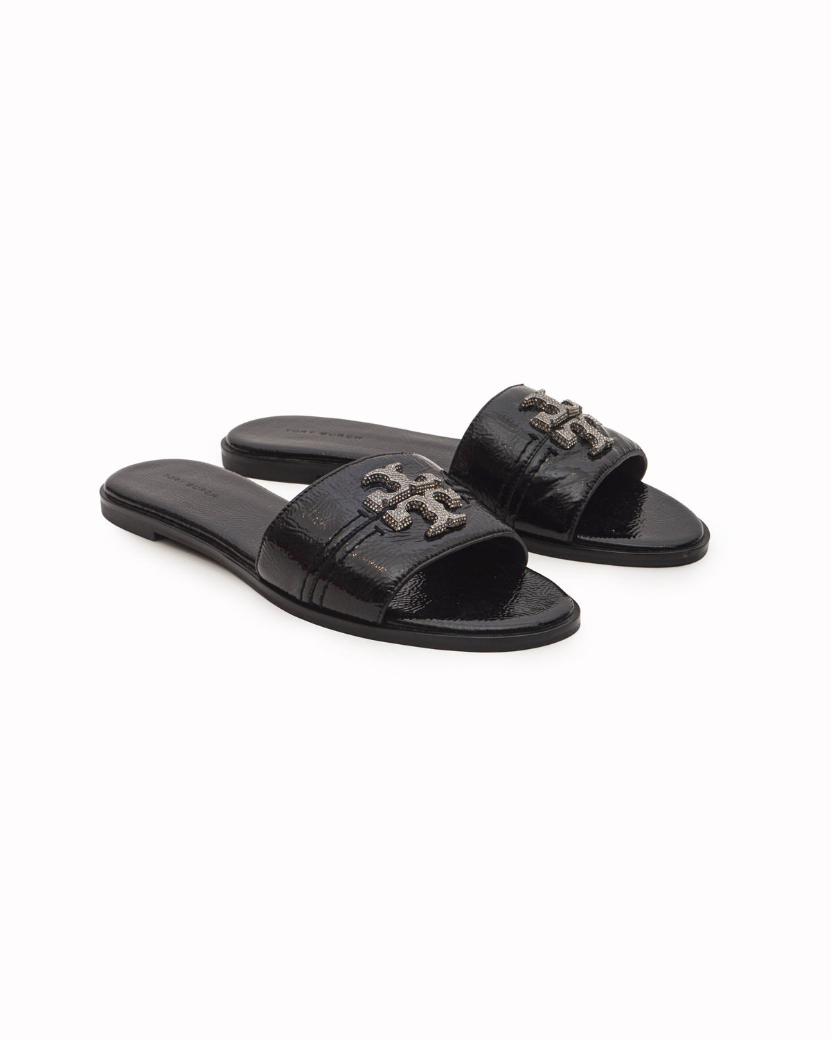 Tory Burch Black Leather Everly Crystal Slide Sandals