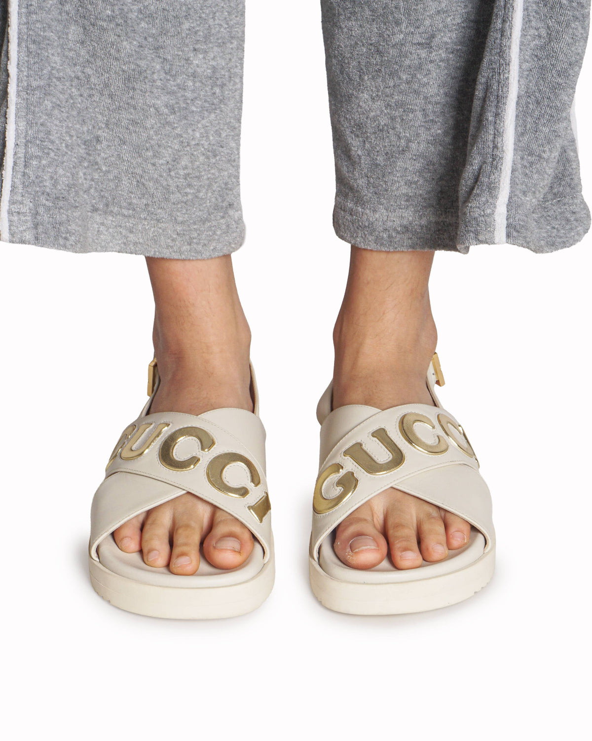 Gucci White Leather Gold Logo Flat Sandals