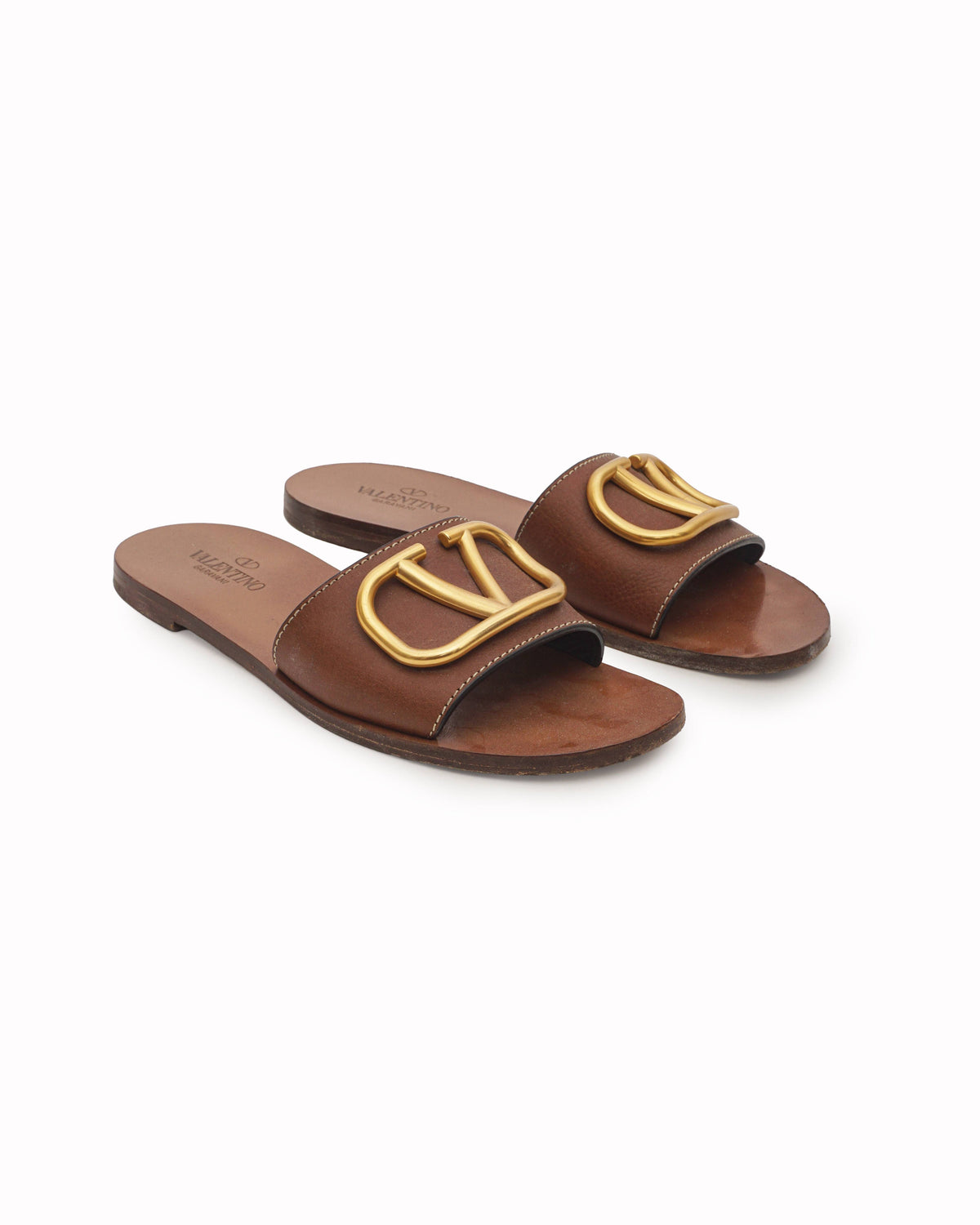 Valentino Garavani VLogo Tan Leather Slide Sandals