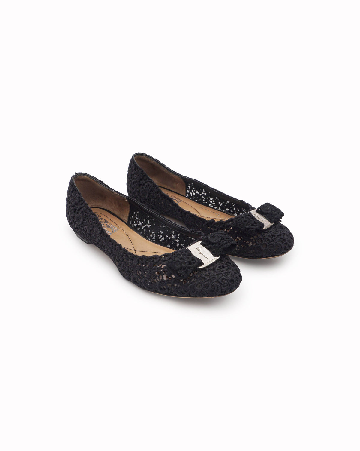 Salvatore Ferragamo Varina Black Floral Lace Vara Bow Flats