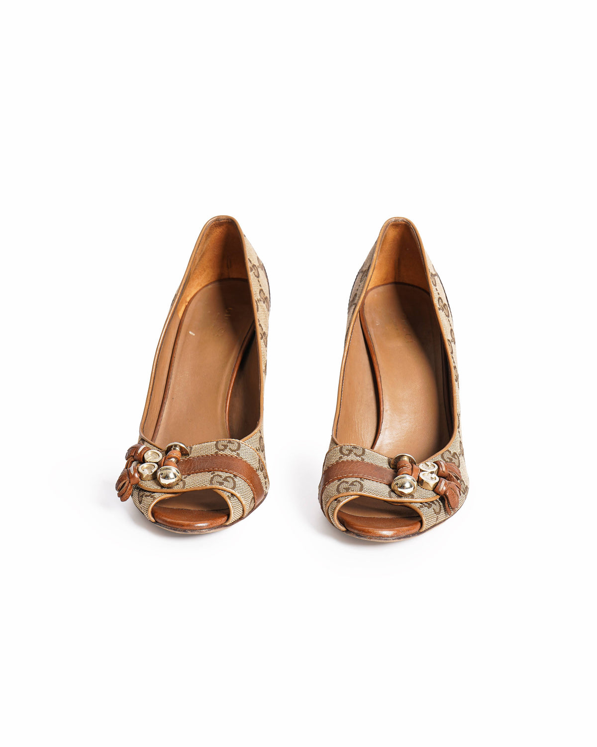 Gucci Canvas & Leather Peep Toe Pumps