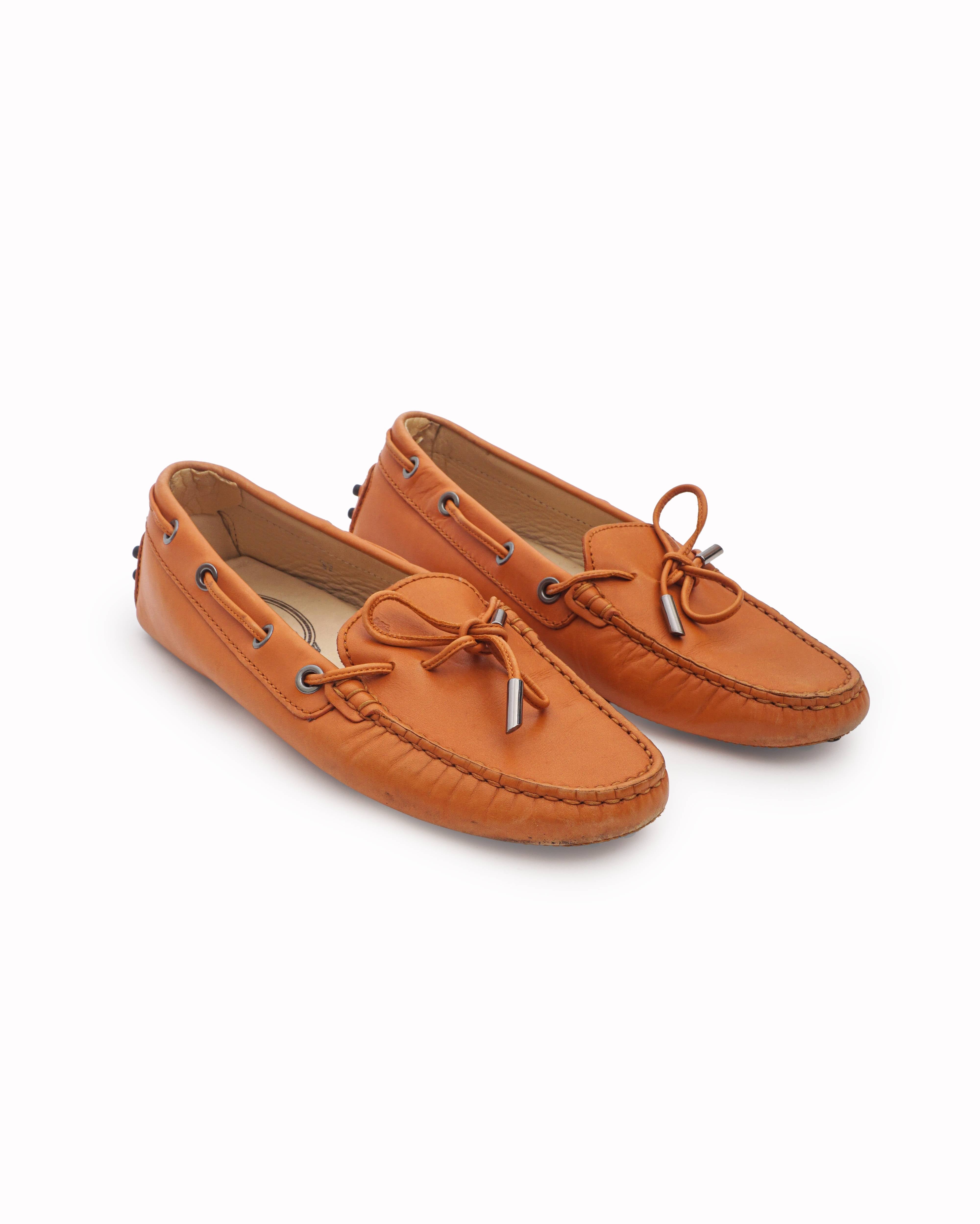 Tod's Orange Leather Gommino Bow Driving Loafers