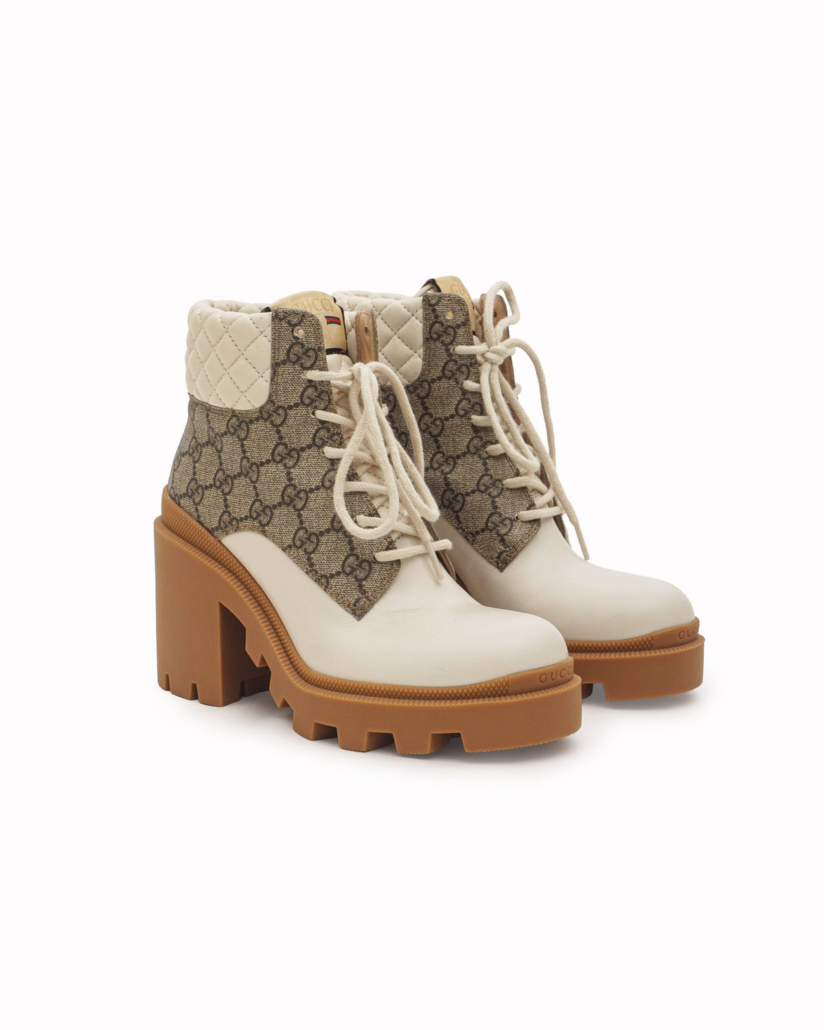 Gucci White Quilted Leather GG Canvas Platform Boots