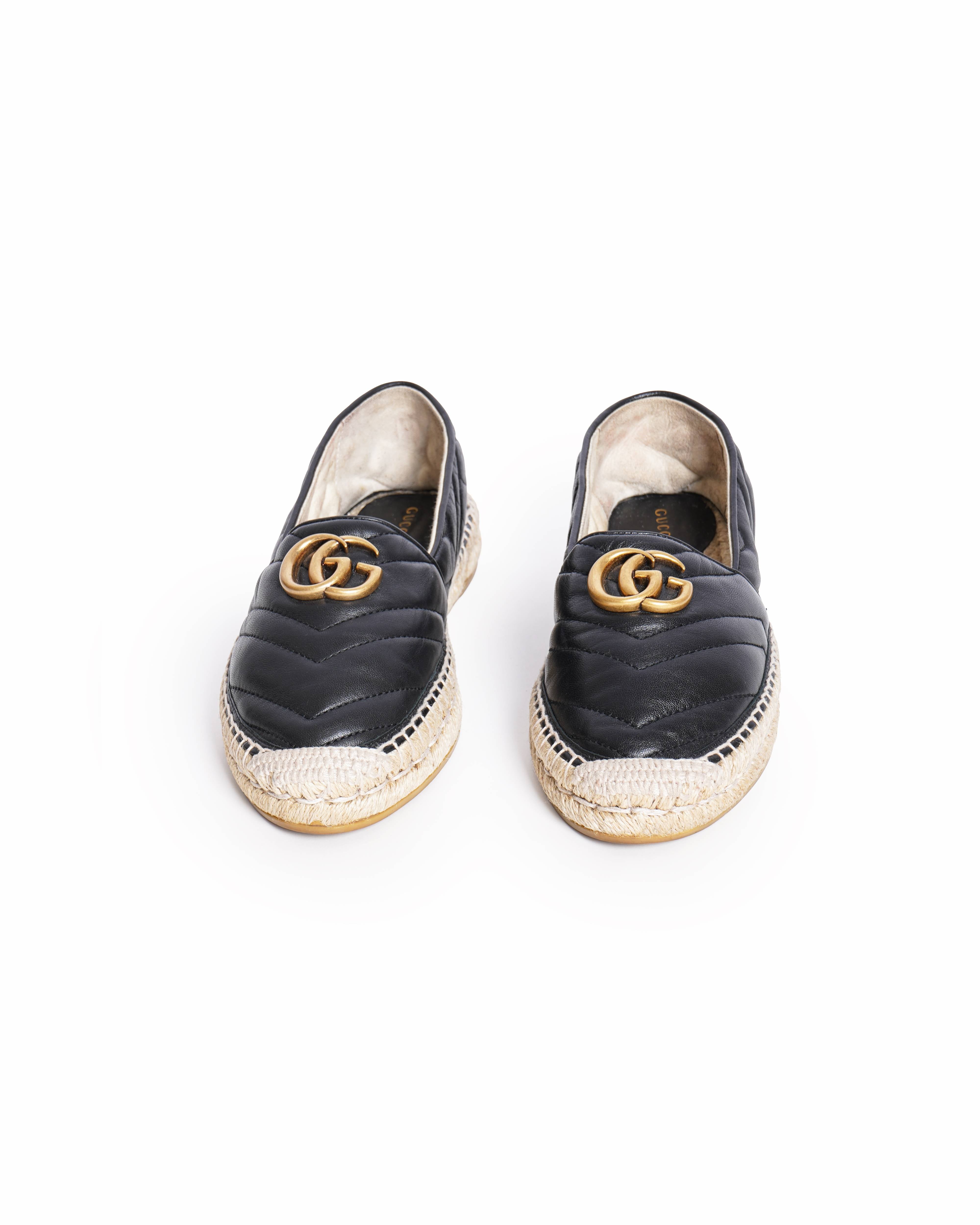 Gucci Black Matelassé Leather GG Marmont Espadrilles