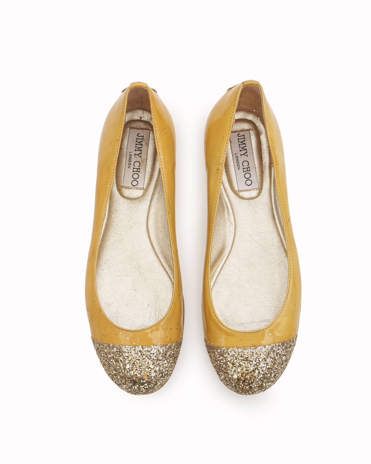Jimmy Choo Yellow Patent Leather Glitter Cap-Toe Flats