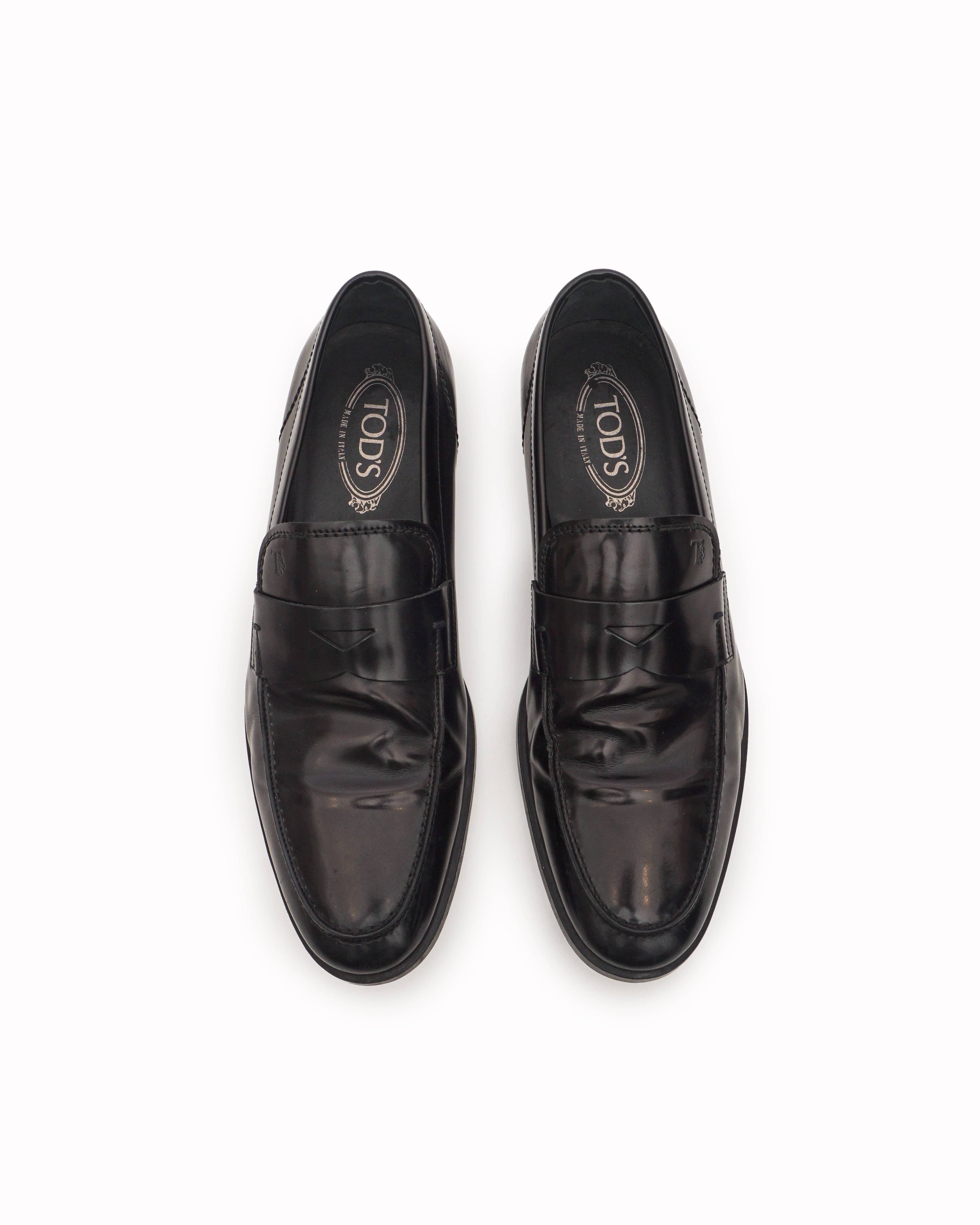 Tod's Black Spazzolato Leather Penny Loafers