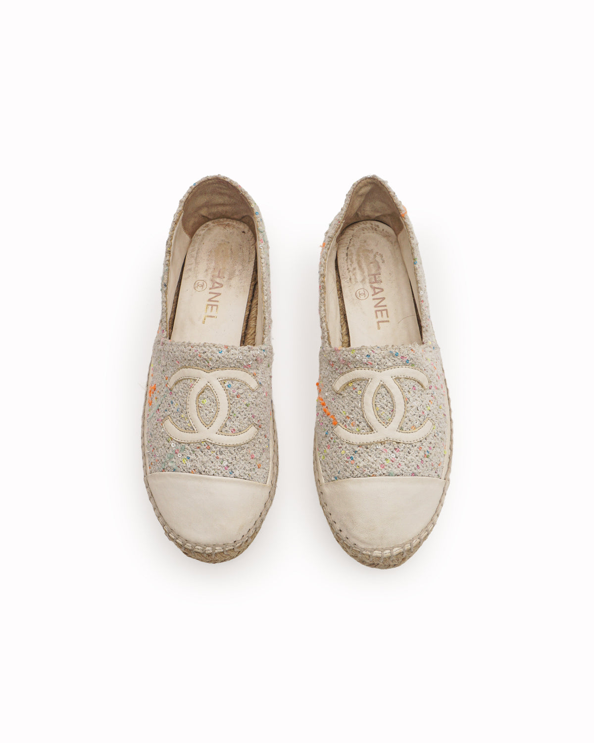 Chanel White Tweed Multi-Color Sequin Interlocking CC Espadrilles