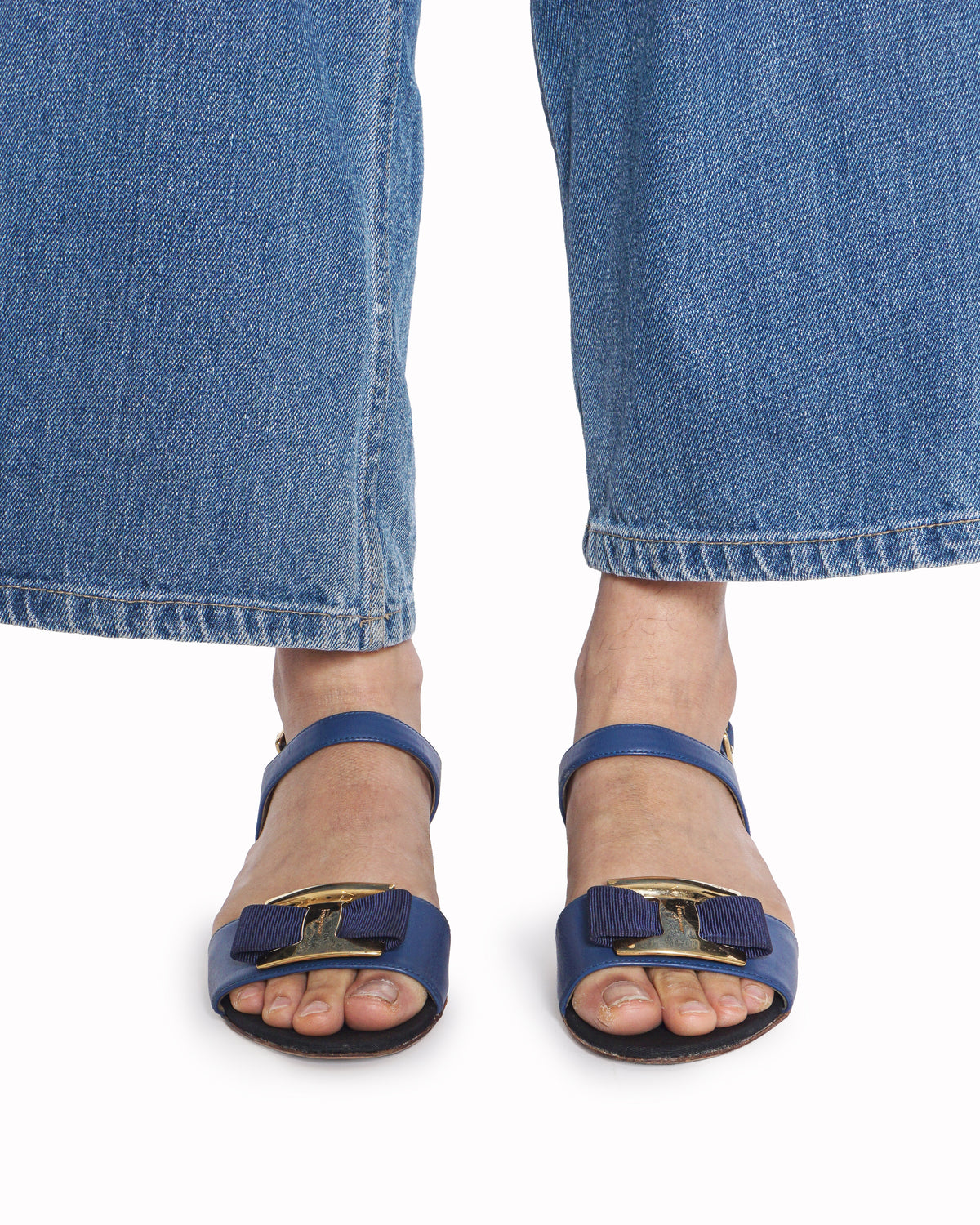 Salvatore Ferragamo Blue Leather Vara Bow Sandals