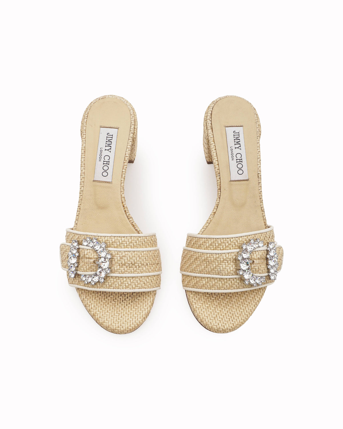 Jimmy Choo Granger Raffia-Wicker Crystal Embellished Block Heel Slide Sandals