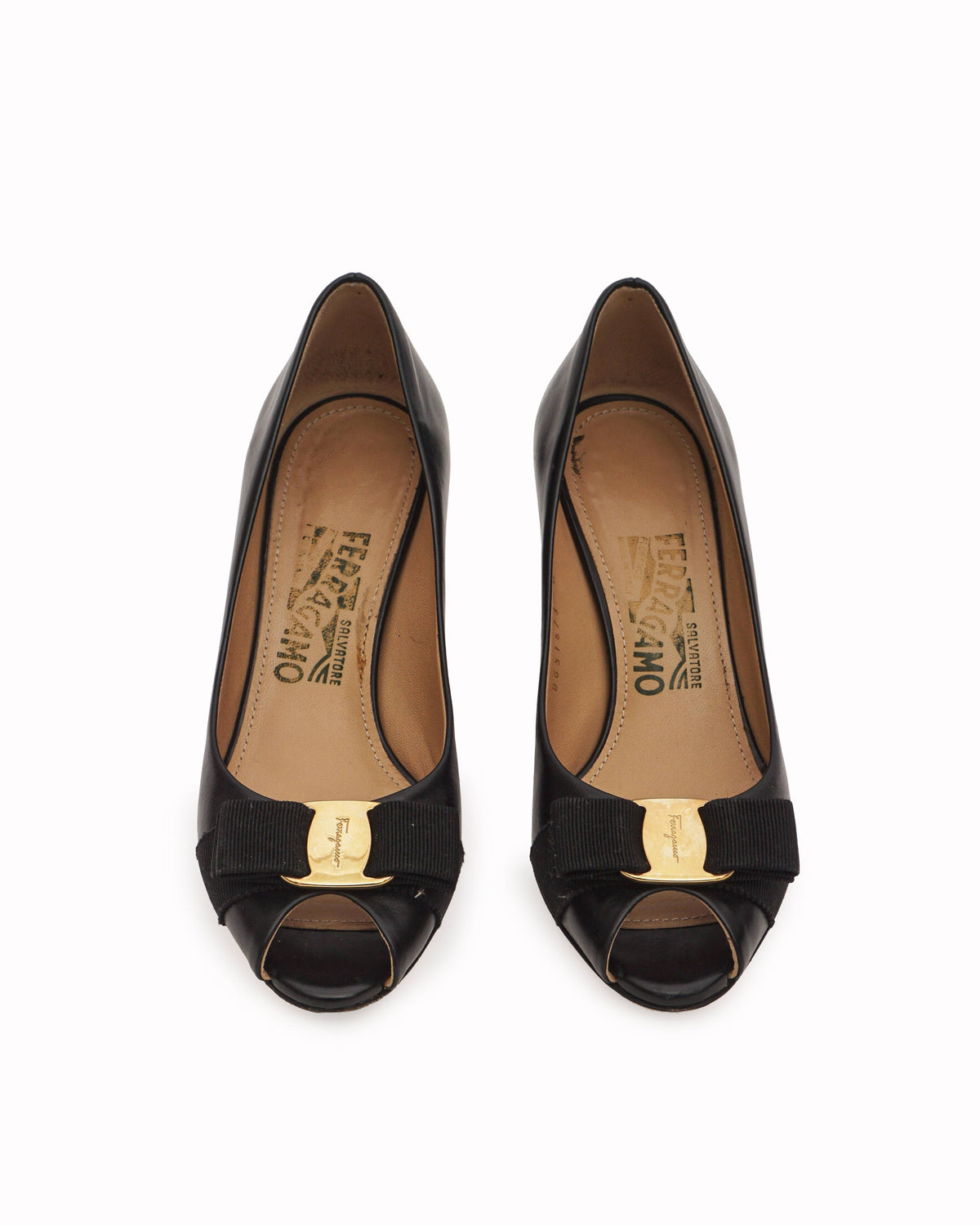 Salvatore Ferragamo Black Leather Vara Bow Peep-Toe Pumps