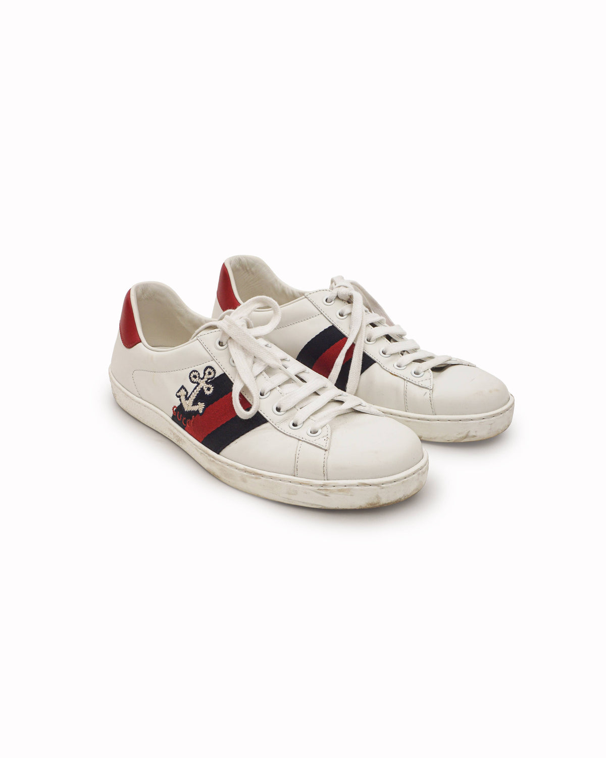 Gucci White Leather Ace Anchor Embroidered Low-Top Sneakers
