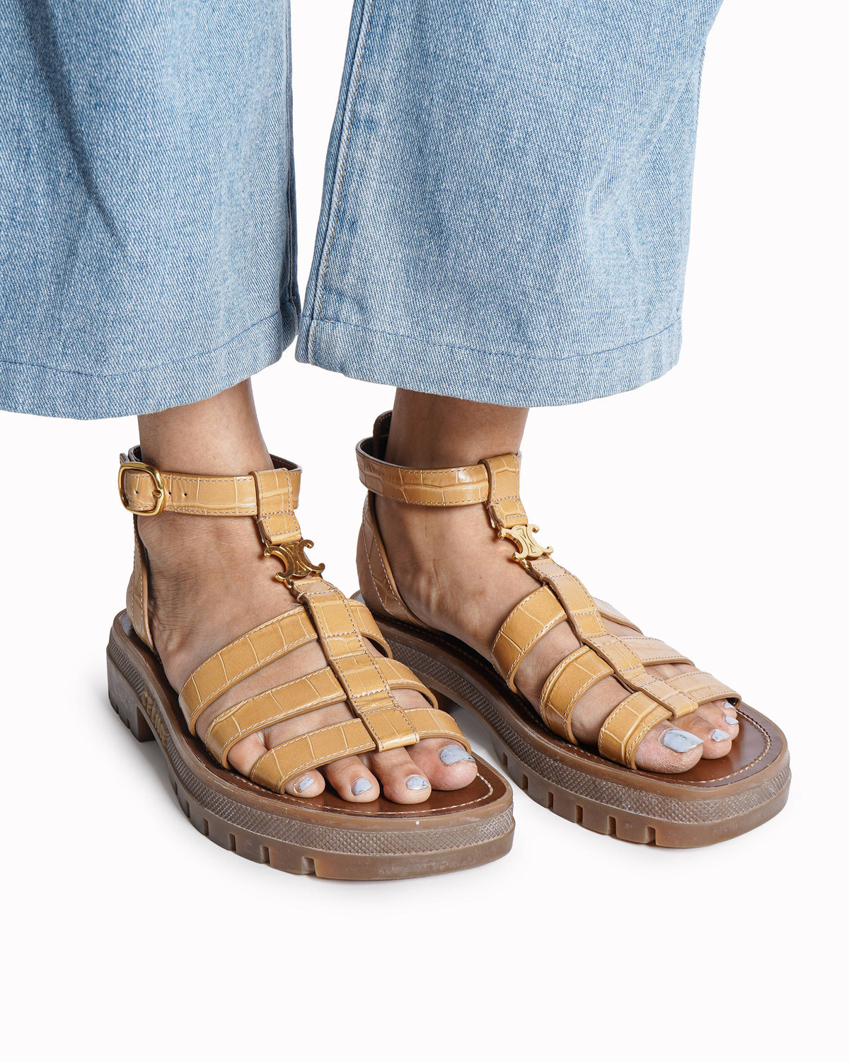 Celine Tan Croc-Embossed Triomphe Gladiator Sandals