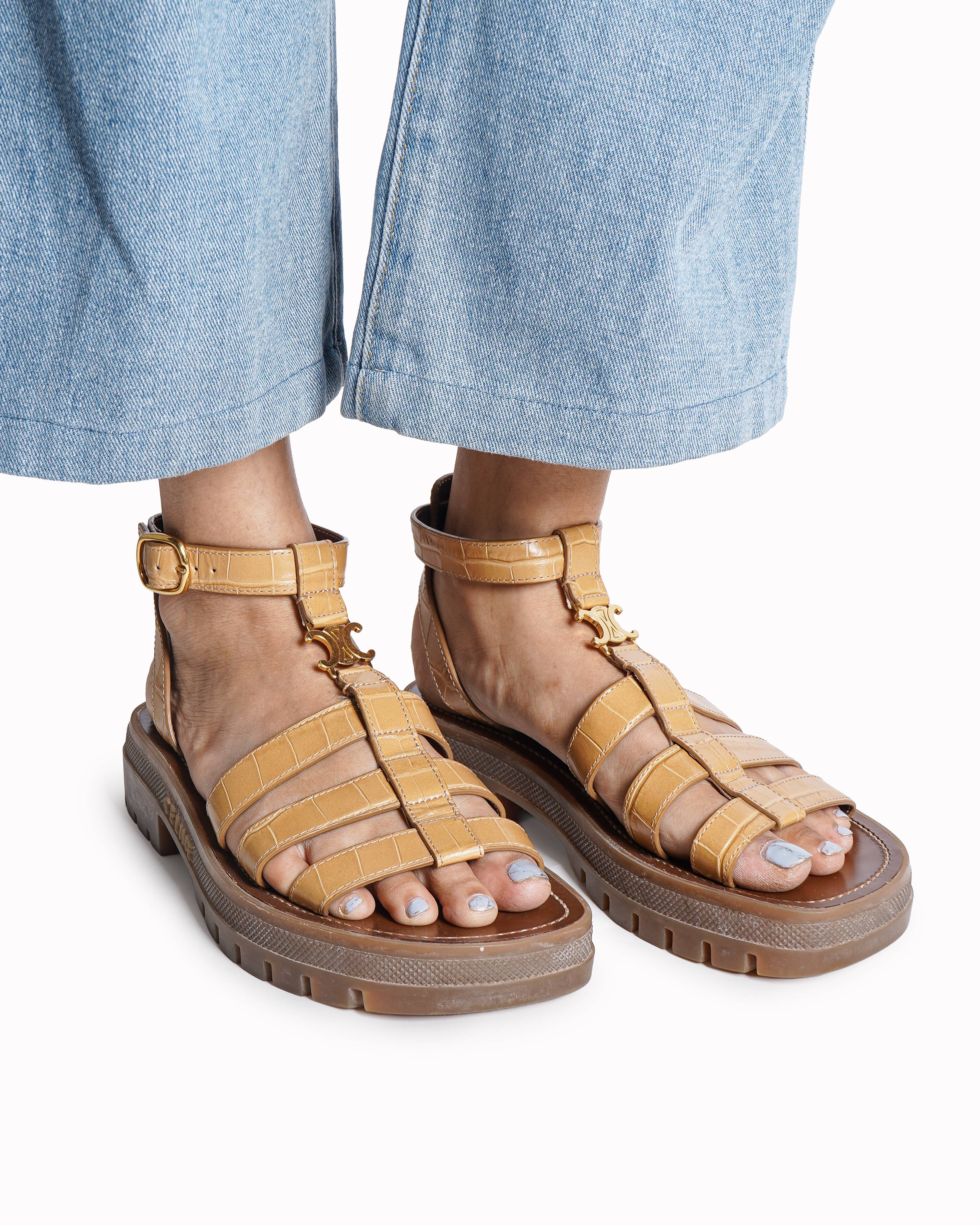 Celine Tan Croc-Embossed Triomphe Gladiator Sandals