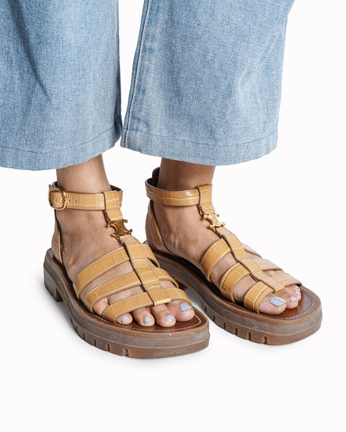 Celine Tan Croc-Embossed Triomphe Gladiator Sandals