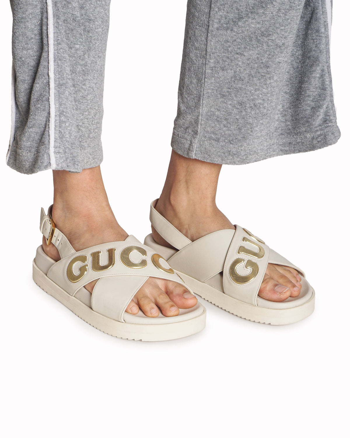 Gucci White Leather Gold Logo Flat Sandals