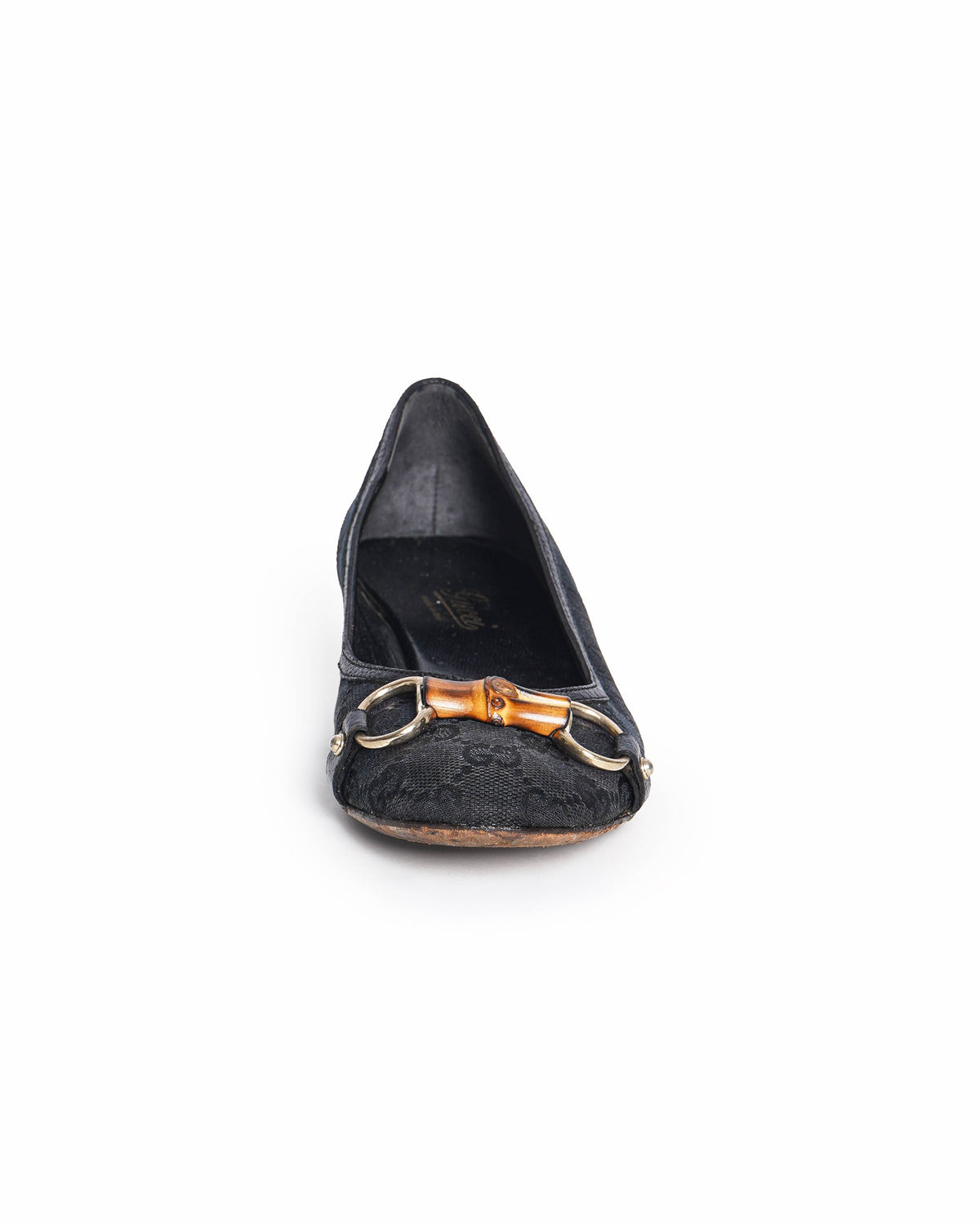 Gucci Monogram Black GG Canvas Bamboo Horsebit Ballet Flats